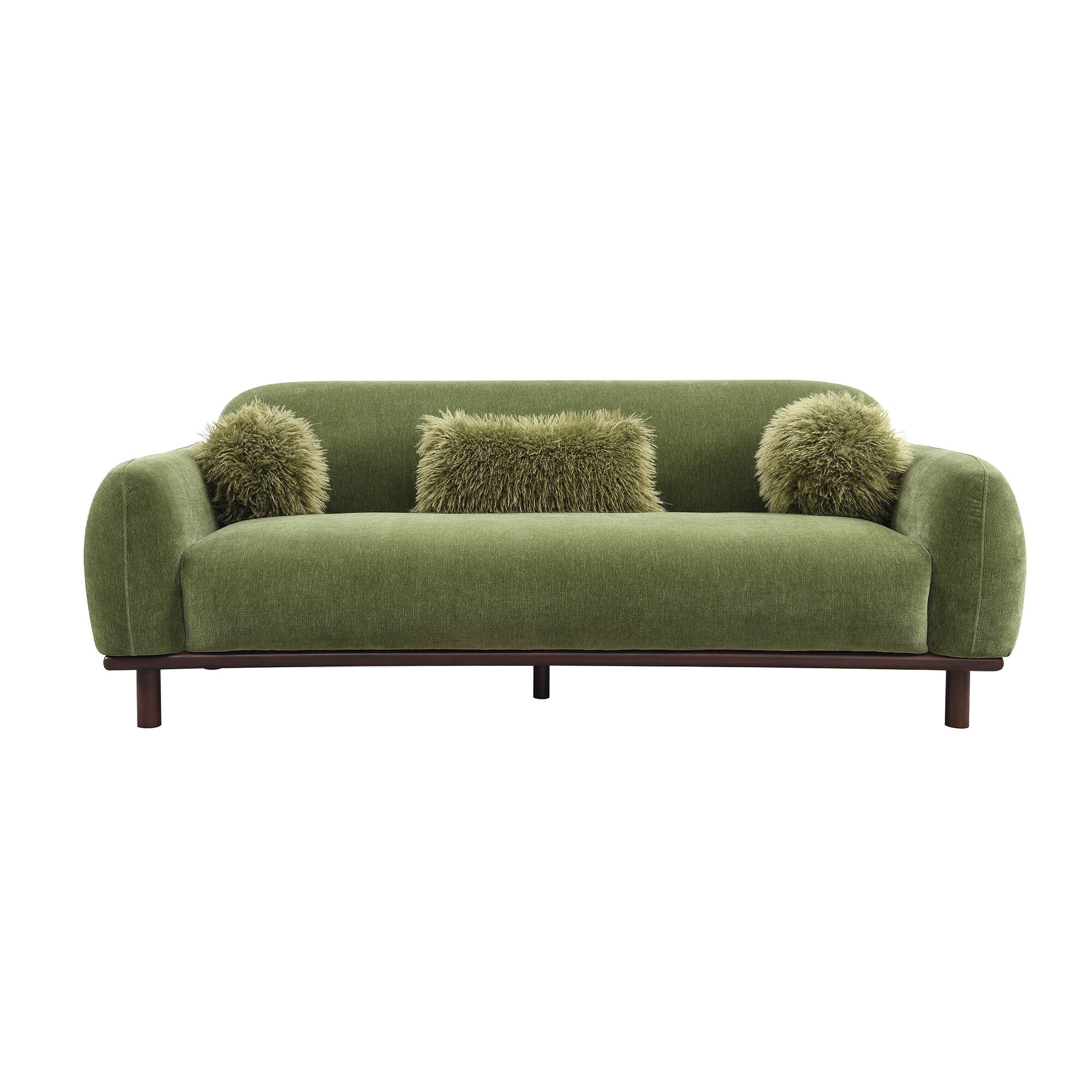 Front. Vaczon - 3-Seater Chenille Sofa Plush Bench Seating with Pocket Coil Support, Faux Fur Accent Cushions, Cozy Living Room Couch - Olive Green.