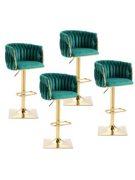 Trinkets Crazed - Swivel Velvet Bar Stool Set Of 4, Adjustable Comfy Counter Height Barstool, Modern Dining Chair With Woven Back - Green