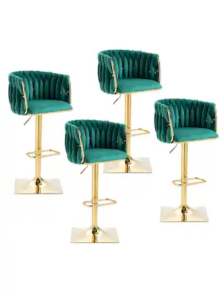Front. Trinkets Crazed - Swivel Velvet Bar Stool Set Of 4, Adjustable Comfy Counter Height Barstool, Modern Dining Chair With Woven Back - Green.