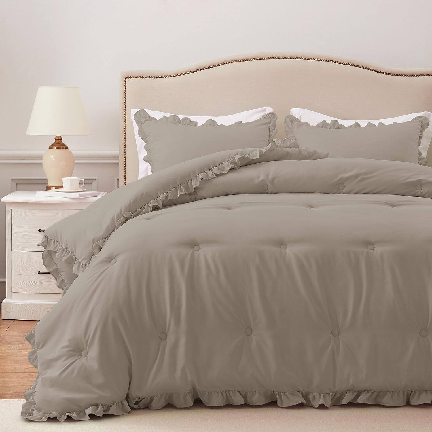 Front. Stylel Star - Queen Comforter Ruffle Black  Fluffy Bedding 3 Pieces Shabby Chic Set(1 & 2 Pillow Shams) - Oatmeal-King.