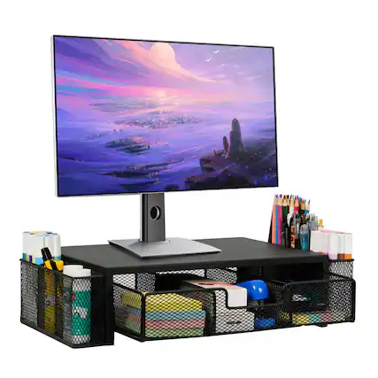 Front. Hanke - Dual Monitor Stand Riser With Led Lights And Phone Tablet Holder 35. For Desk Computer 2 Monitors Desktop S... - Black with Drawer.