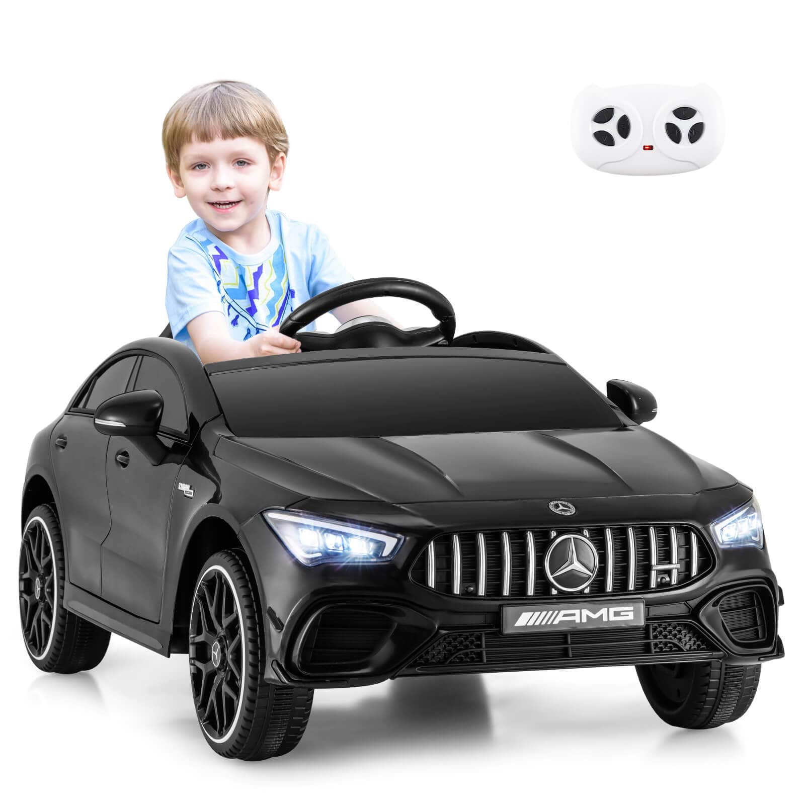 Costway - 12V Kids Ride on Car w/Remote Rocking Function Transport Wheels Lights & Music - Black
