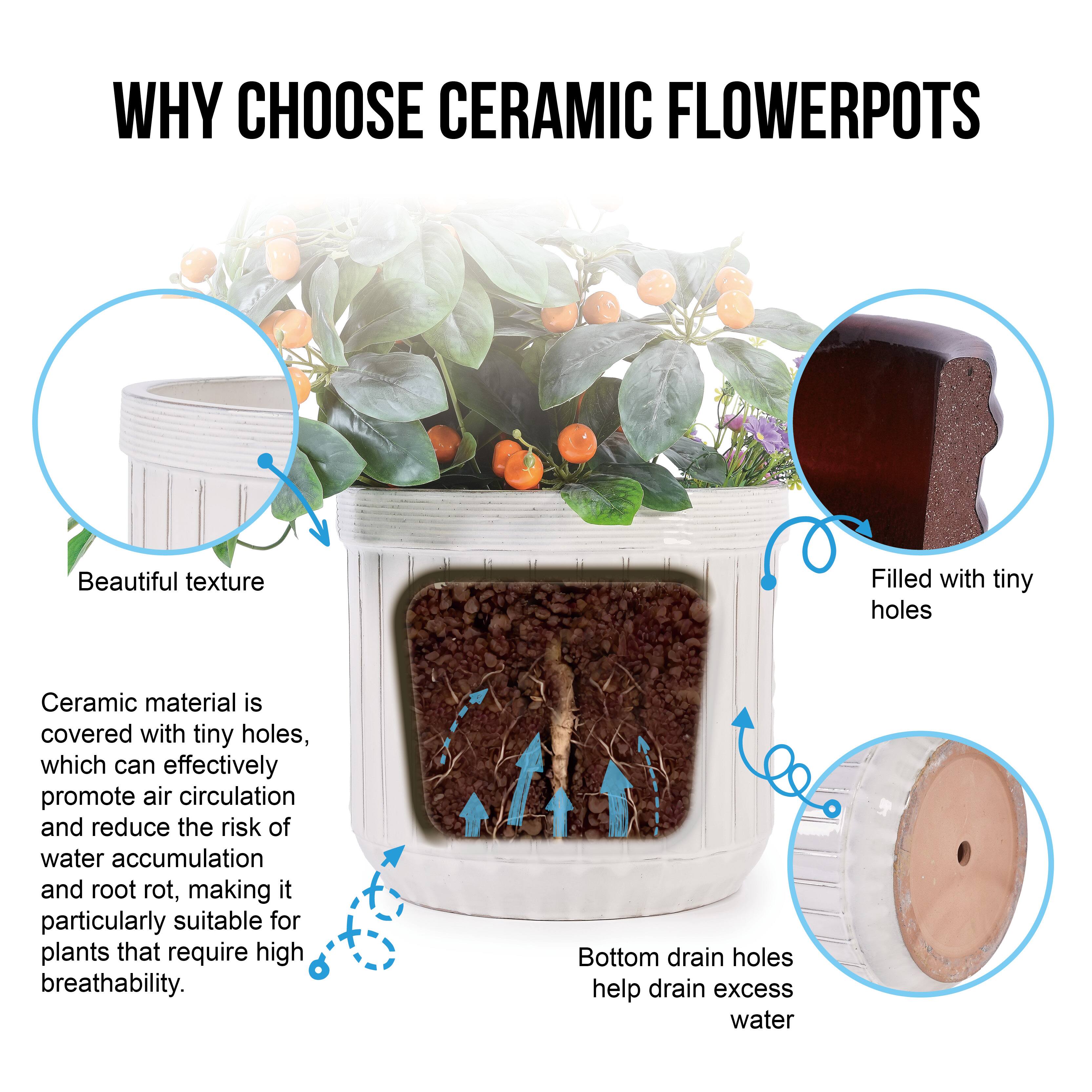 WHY CHOOSE CERAMIC FLOWER POTS

Beautiful texture

Ceramic material is covered with tiny holes, which can effectively promote air circulation and reduce the risk of water accumulation and root rot, making it particularly suitable for plants that require high breathability.

Bottom drain holes help drain excess water