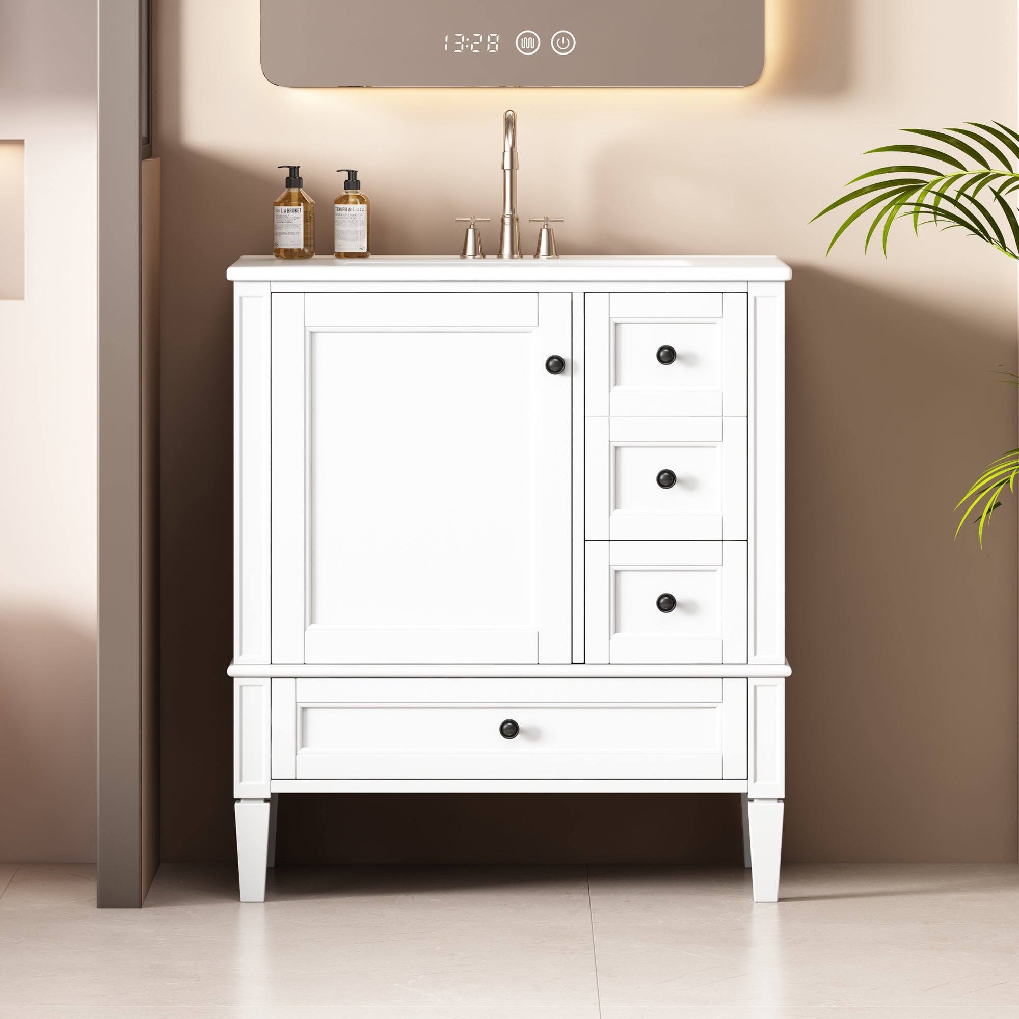 Alt View 4. Boyel Living - 30 Inch Solid Wood Bathroom Vanity with Ceramic Sink Three Drawers White - White.