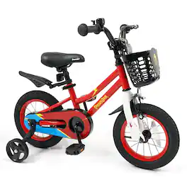 Costway - 12" Kid's Bike with Removable Training Wheels & Basket for 3-4 Years - Red