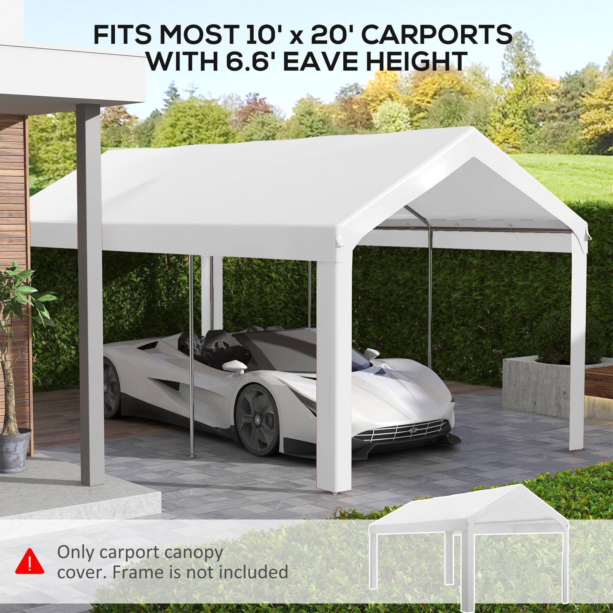 FITS MOST 10' X 20' CARPORTS WITH 6.6' EAVE HEIGHT

Only carport canopy cover. Frame is not included