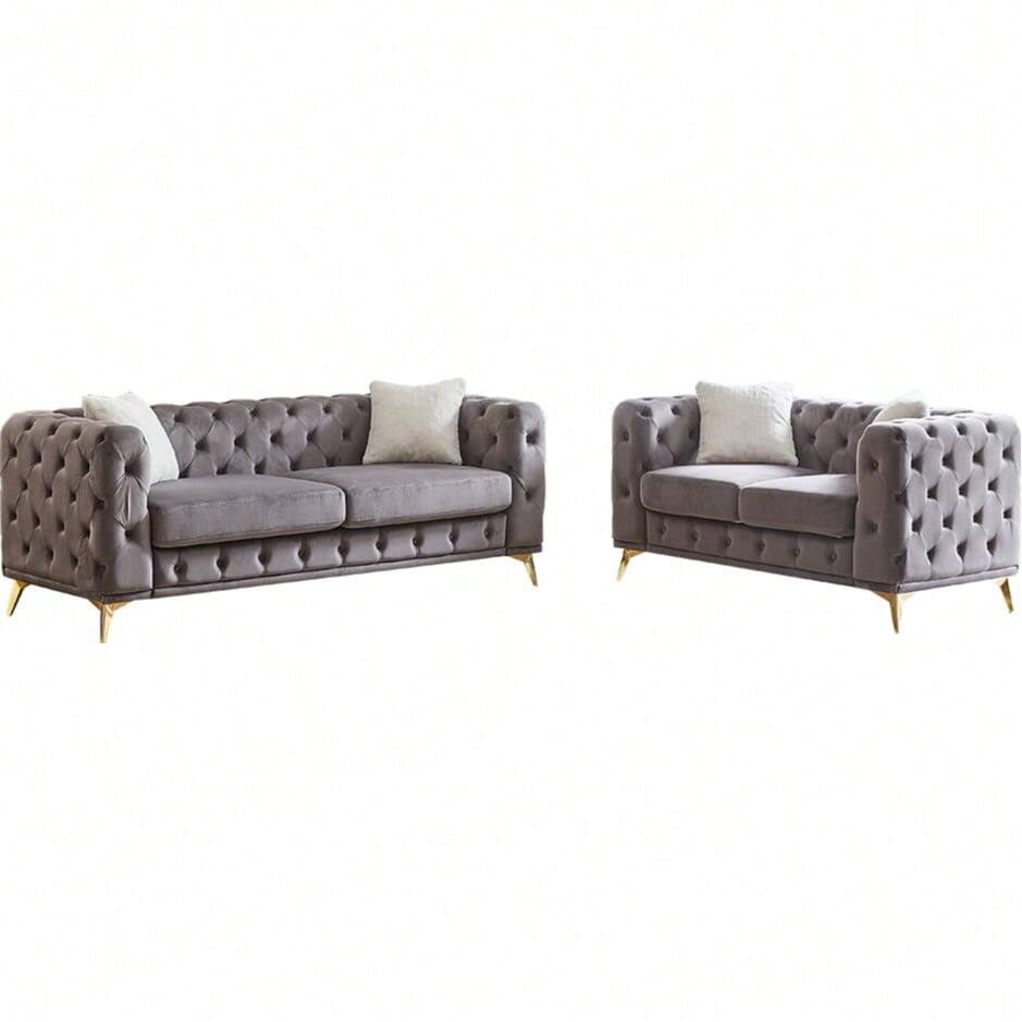 Alt View 4. Trinkets Crazed - Chesterfield Sofa Set Of 2 For Living Room,Modern Upholstered Deep Seat Velvet Loveseat And 3-Seater Sofa Couch - Gray.