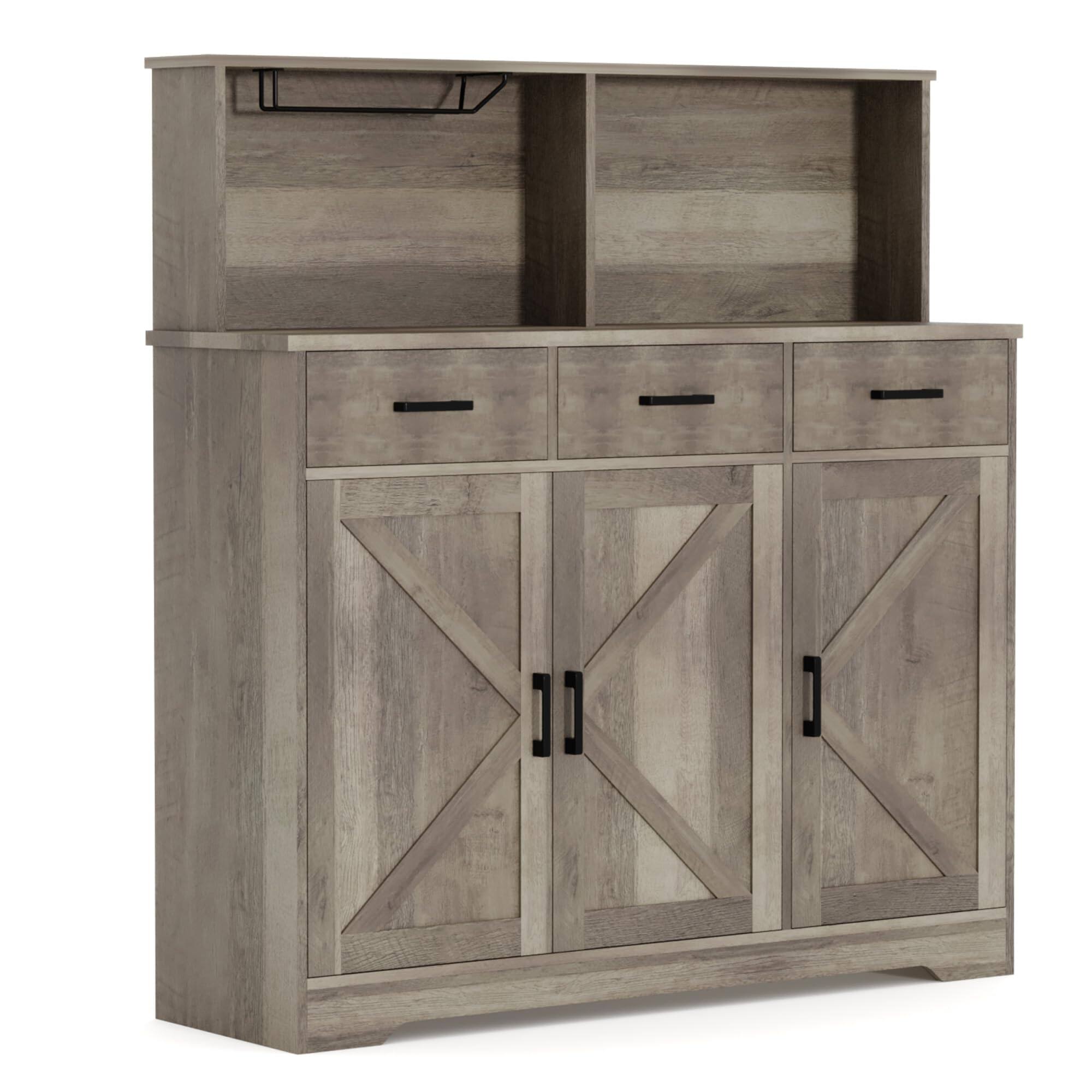 Left. Homhougo - Farmhouse Sideboard Buffet Cabinet with Microwave Stand, Barn Doors Buffet Storage Cabinet with Drawers and Shelves - Grey.