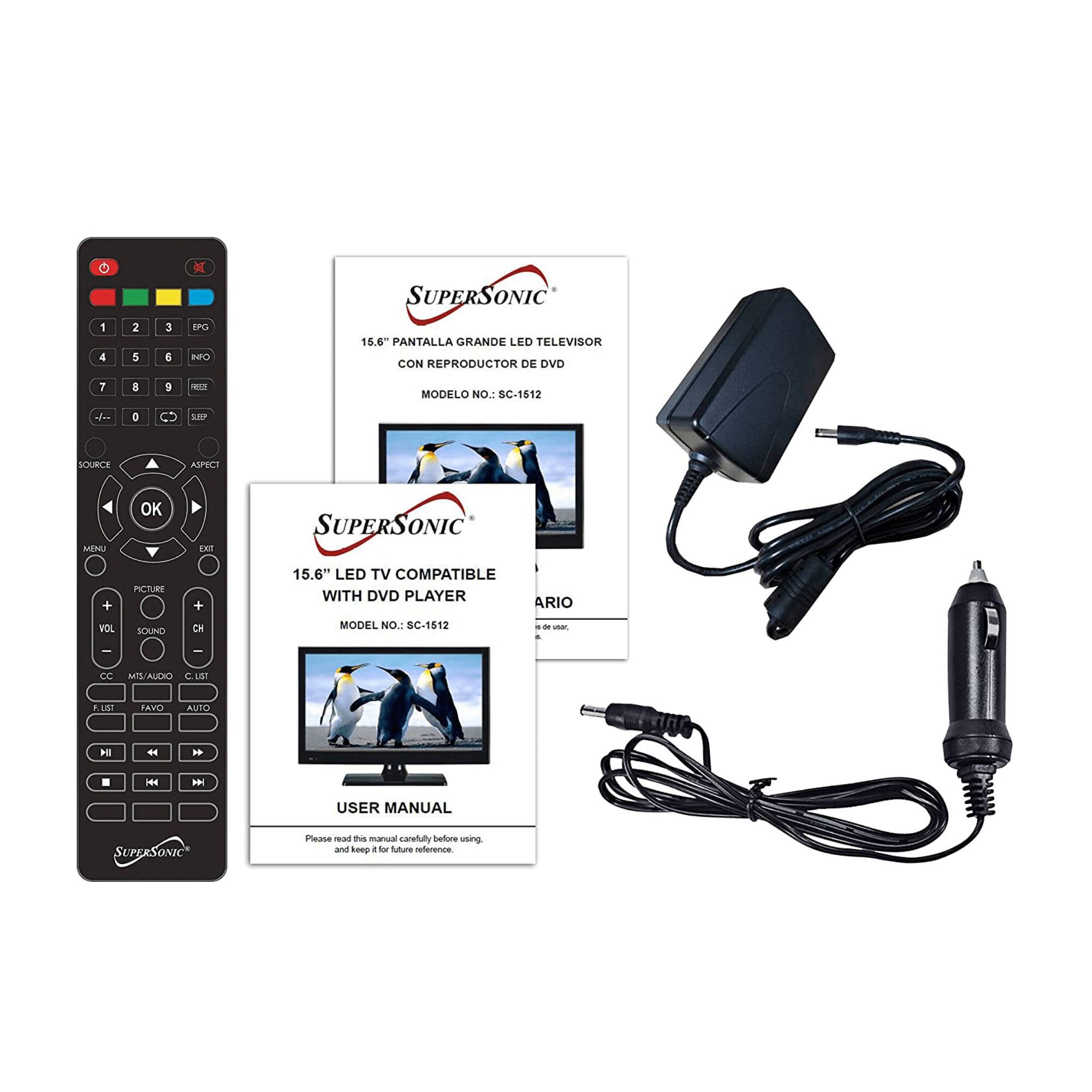 **SUPERSOONIC**

16.6" PANTALLA GRANDE LED TELEVISOR CON REPRODUCTOR DE DVD  
MODELO NO: SC-1512

15.6" LED TV COMPATIBLE WITH DVD PLAYER  
MODEL NO.: SC-1512

USER MANUAL  
Please read this manual carefully before using, and keep it for future reference.

**SUPERSOONIC**

16.6" PANTALLA GRANDE LED TELEVISOR CON REPRODUCTOR DE DVD  
MODELO NO: SC-1512

15.6" LED TV COMPATIBLE WITH DVD PLAYER  
MODEL NO.: SC-1512

USER MANUAL  
Please read this manual carefully before using, and keep it for future reference.