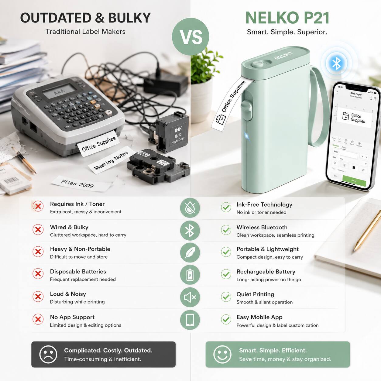 OUTDATED & BULKY Traditional Label Makers VS NELKO P21 Smart. Simple. Superior. NELKO

- Requires Ink / Toner
  - Extra cost, messy & inconvenient
- Wired & Bulky
  - Cluttered workspace, hard to carry
- Heavy & Non-Portable
  - Difficult to move and store
- Disposable Batteries
  - Frequent replacement needed
- Loud & Noisy
  - Disturbing while printing
- No App Support
  - Limited design & editing options

Complicated. Costly. Outdated. Time-consuming & inefficient.

NELKO P21

- Ink-Free Technology
  - No ink or toner needed
- Wireless Bluetooth
  - Clean workspace, seamless printing
- Portable & Lightweight
  - Compact design, easy to carry
- Rechargeable Battery
  - Long-lasting power on the go
- Quiet Printing
  - Smooth & silent operation
- Easy Mobile App
  - Powerful design & label customization

Smart. Simple. Efficient. Save time, money & stay organized.