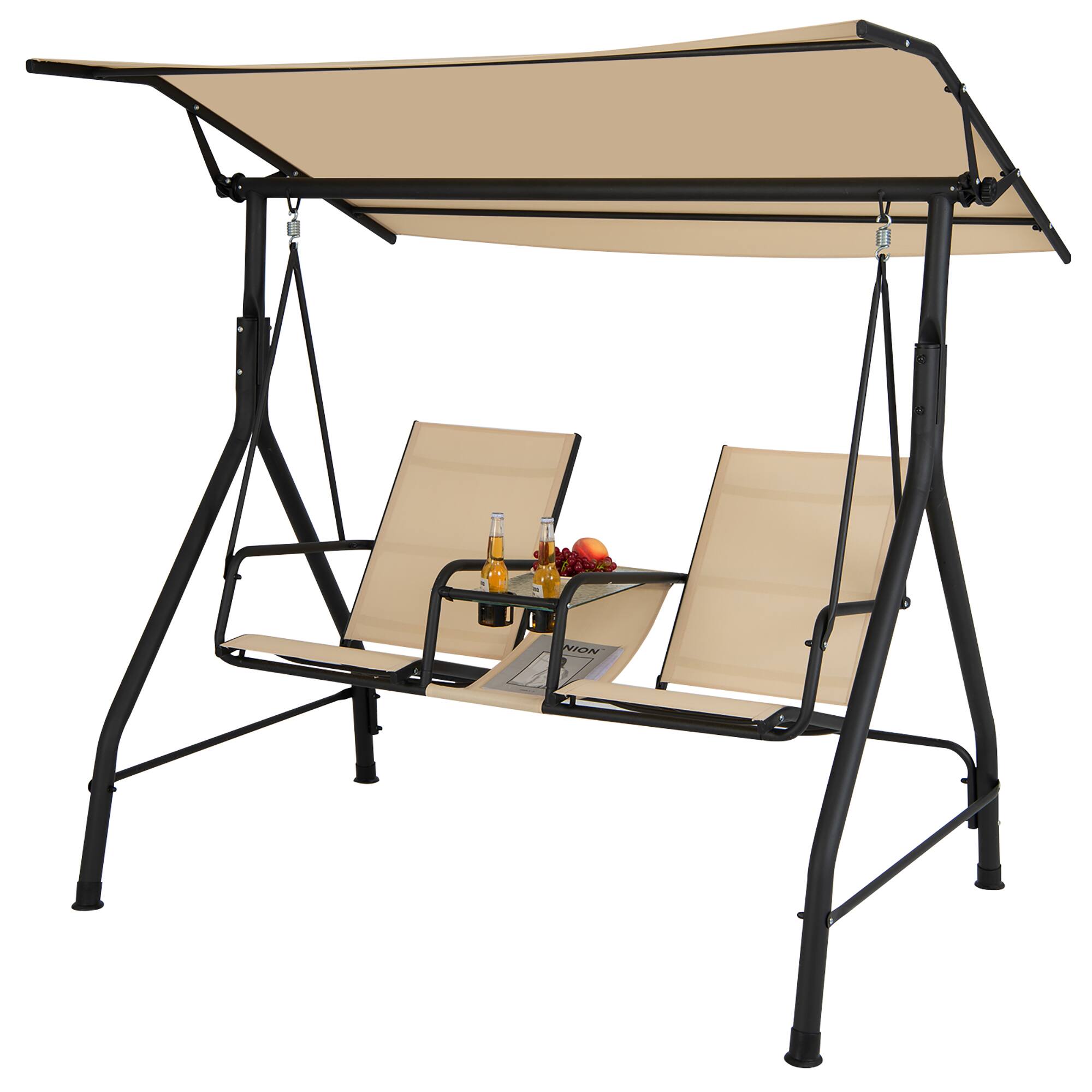 Alt View 9. Costway - Costway 2-Seat Outdoor Patio Swing Adjustable Canopy Tempered Glass Table Top Cup Holder - Beige.