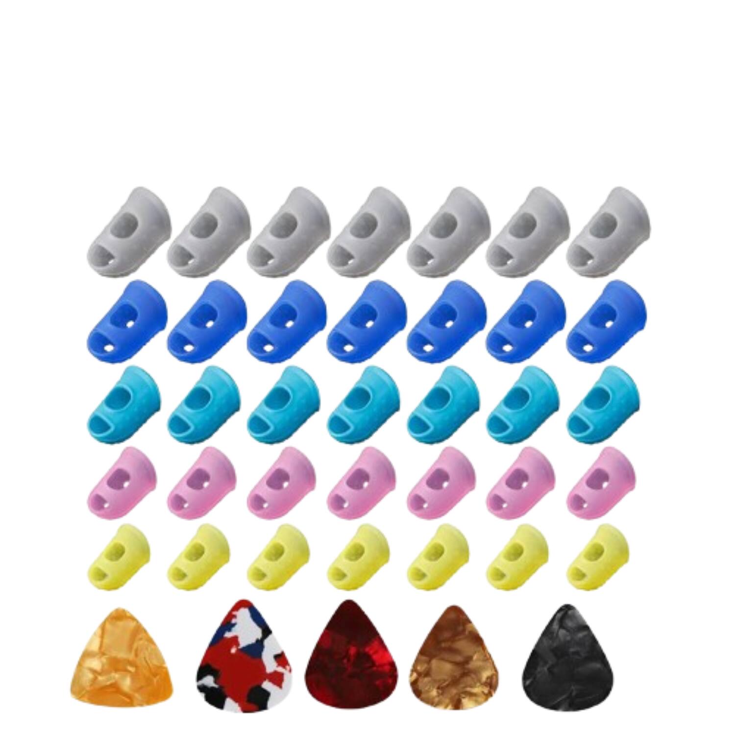 Front. Home Collection - 35pcs Guitar Silicone Finger Protector Fingertip Covers Caps + 5pcs Guitar Picks - Multi-color.
