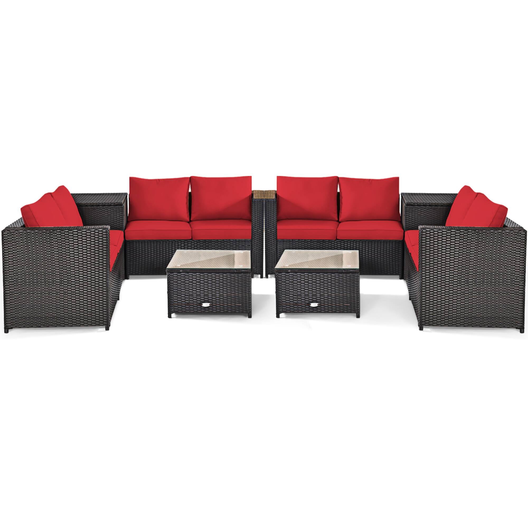 Alt View 1. Gymax - Gymax 8PCS Cushioned Rattan Patio Conversation Set w/ Side Table Red Cushion - Brown.