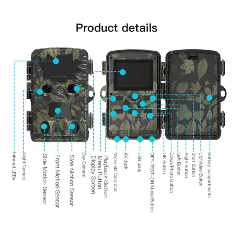 Product details

- Infrared LEDs
- Night Camera
- Side Motion Sensor
- Front Motion Sensor
- Side Motion Sensor
- Day Camera
- Display
- Menu Button
- Playback Screen Button
- Micro SD Card Slot
- AV Jack
- USB Jack
- OFF-TEST-ON Mode Button
- OK Button
- Down/Photo Button
- Left Button
- Right Button
- Shot Button
- Up/Video Button
- Battery compartments