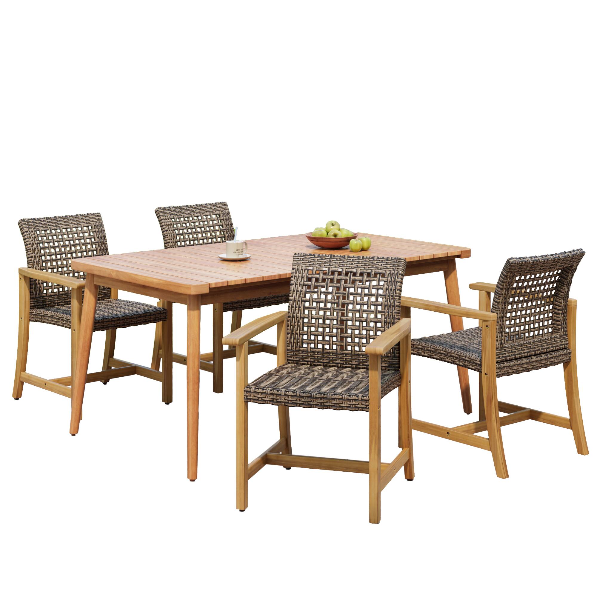 Left. Mondawe - 5-Piece Patio Dining Set, 63" Slatted Table & 4 Acacia Wood & PE Rattan Chairs - Brown+Teak.