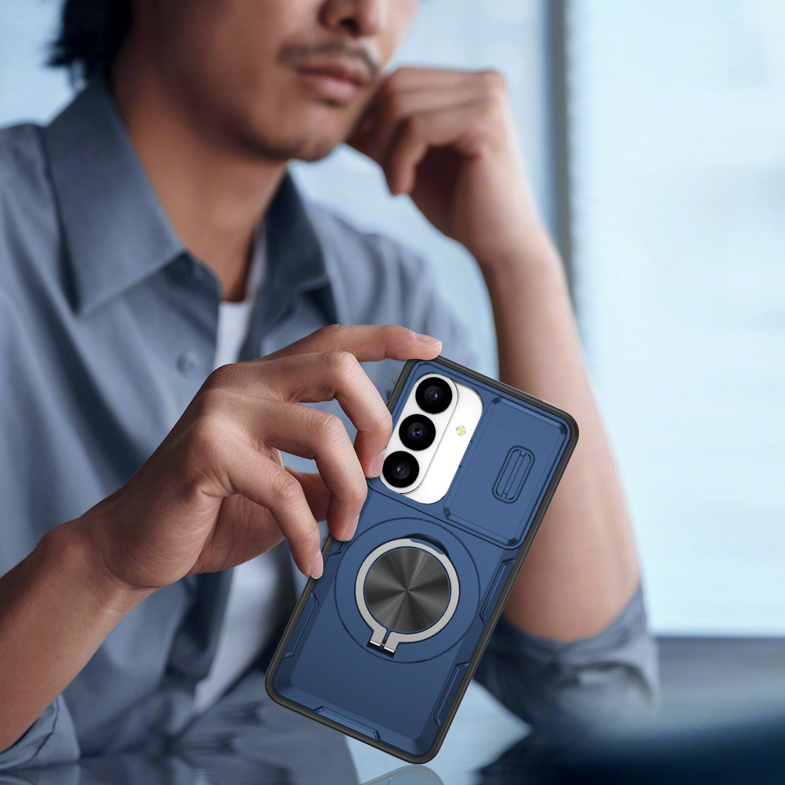Alt View 3. UUCOVER - For Samsung Galaxy S26+ Heavy Duty Case with Slide Camera Lens Cover, Rotatable Magnetic Ring Kickstand Shockproof Cover - Blue.