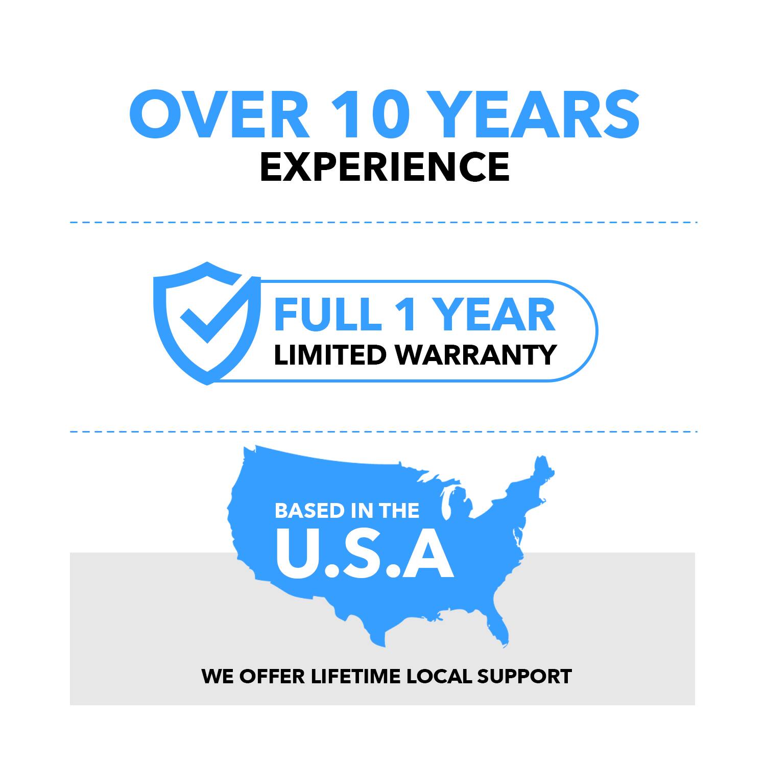 OVER 10 YEARS EXPERIENCE
FULL 1 YEAR LIMITED WARRANTY
BASED IN THE U.S.A
WE OFFER LIFETIME LOCAL SUPPORT