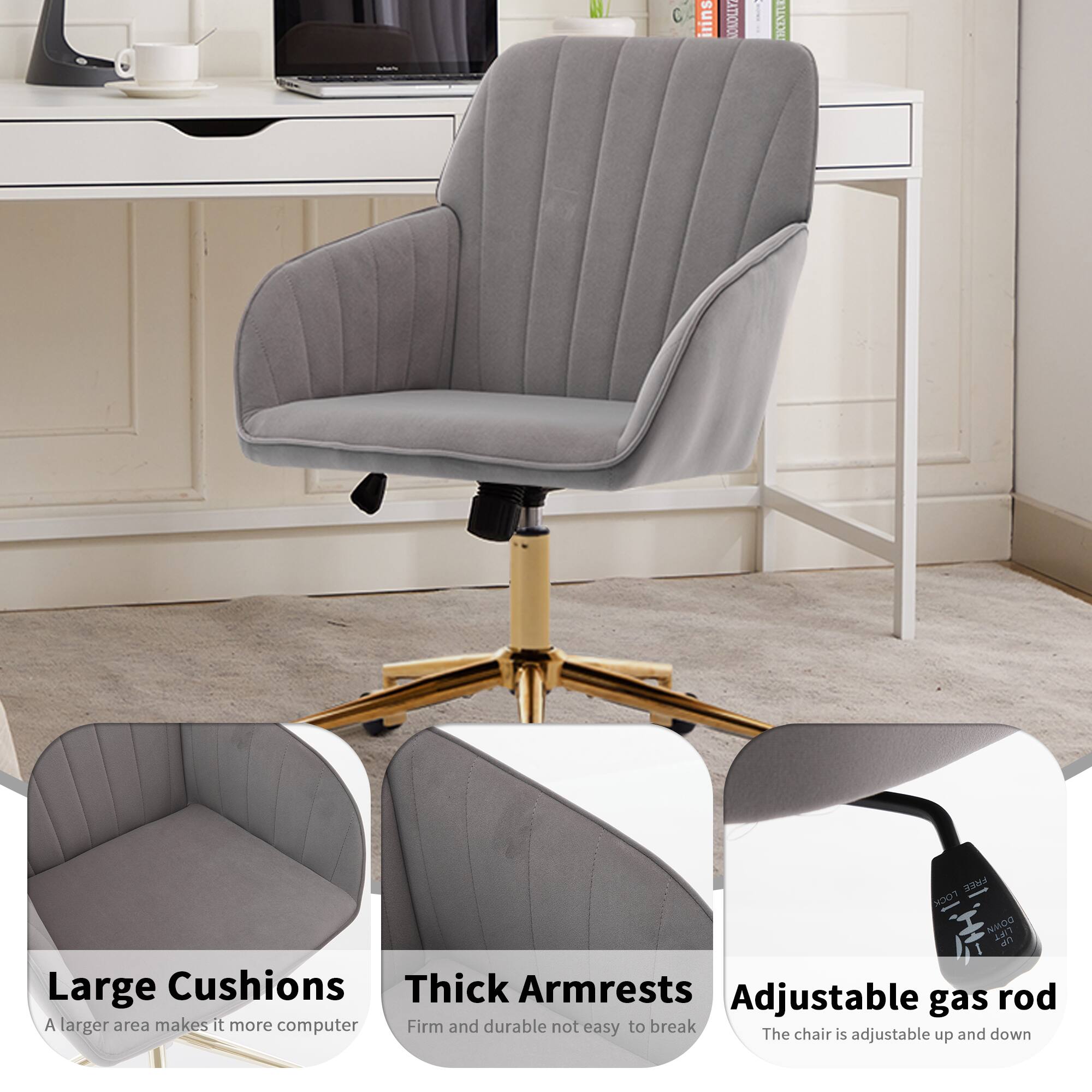 - Large Cushions  
  A larger area makes it more comfortable.

- Thick Armrests  
  Firm and durable, not easy to break.

- Adjustable gas rod  
  The chair is adjustable up and down.