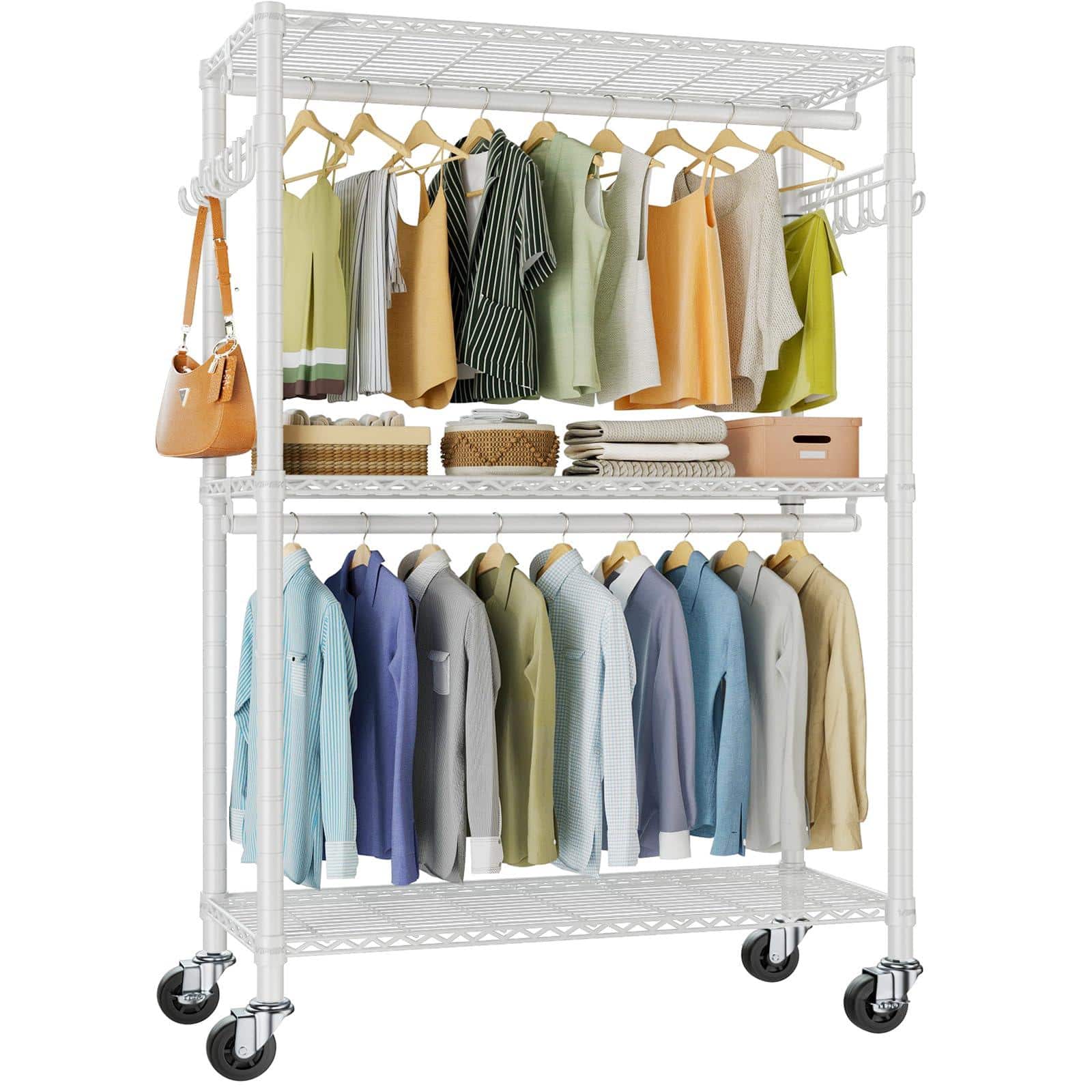 Hirose Alice - VIPEK R2 Plus Heavy Duty Rolling Garment Rack 3 Tiers Wire Shelving Clothes Rack with Double Rods and Side - White R2 Plus