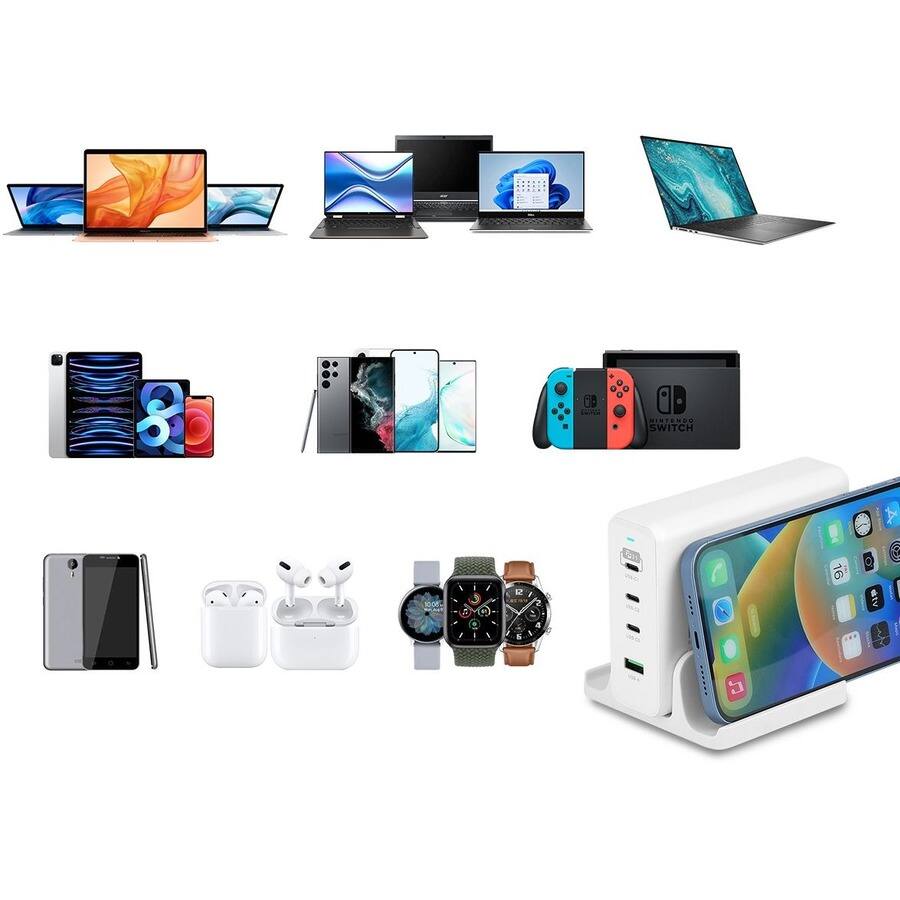 Sure, here is the corrected and grouped text:

**Laptops:**
- MacBook Pro
- MacBook Air

**Smartphones:**
- iPhone 13 Pro
- iPhone 13
- Samsung Galaxy S22 Ultra

**Gaming Console:**
- Nintendo Switch

**Accessories:**
- AirPods Pro
- Apple Watch Series 7

**Charger:**
- Wireless Charger
