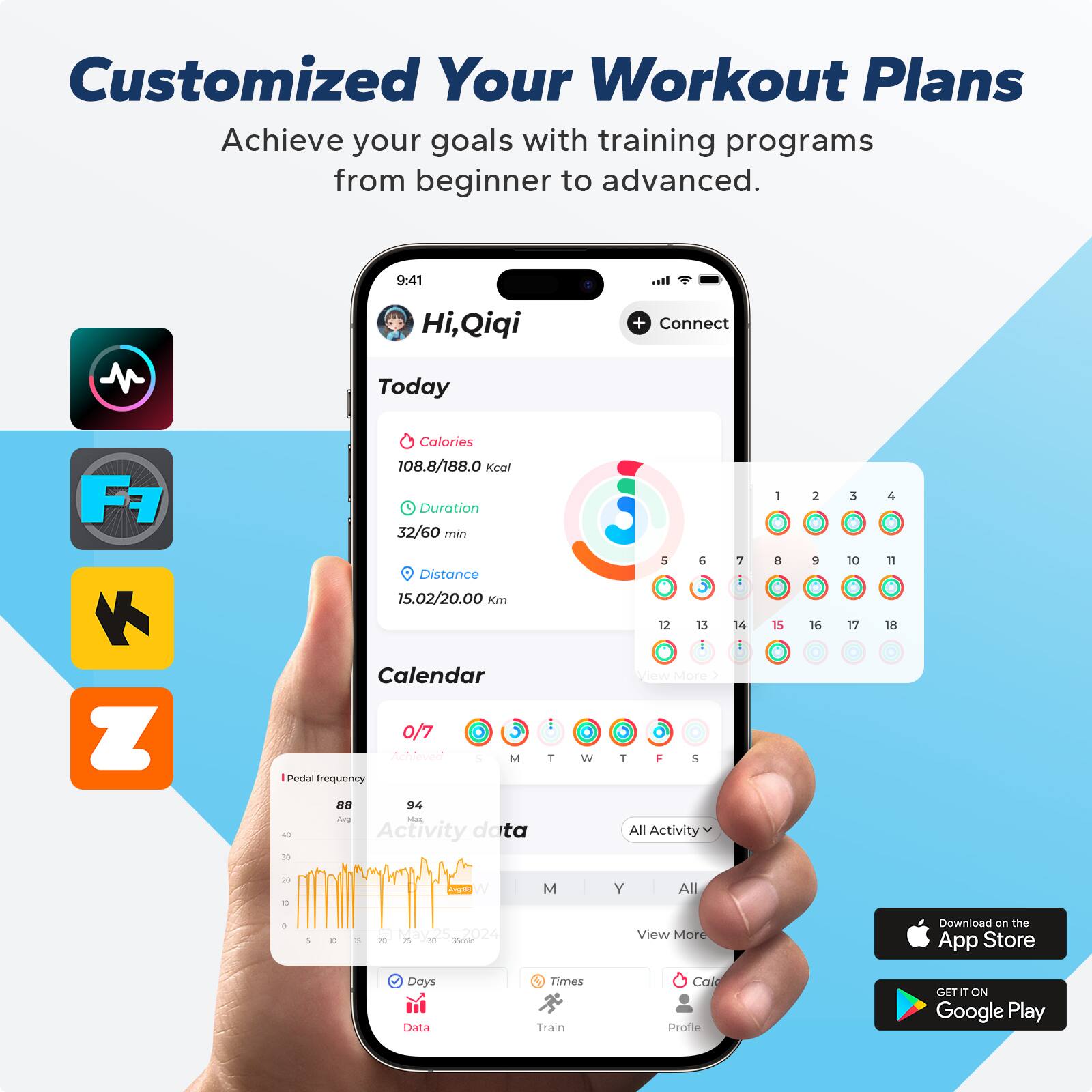 Customized Your Workout Plans  
Achieve your goals with training programs from beginner to advanced.

9:41 M  
Hi, Qiqi  
Today  
+ Connect  

Calories: 108.8/188.0 kcal  
Duration: 32/60 min  
Distance: 5.02/20.00 km  

Calendar: 0/7  

Pedal frequency: 88, 94  

Activity data:  
- 2024  
- Mo  
- Tu  
- We  
- Th  
- Fr  
- Sa  
- Su  

All Activity  
- View More  
- Download on the App Store  
- GET IT ON Google Play