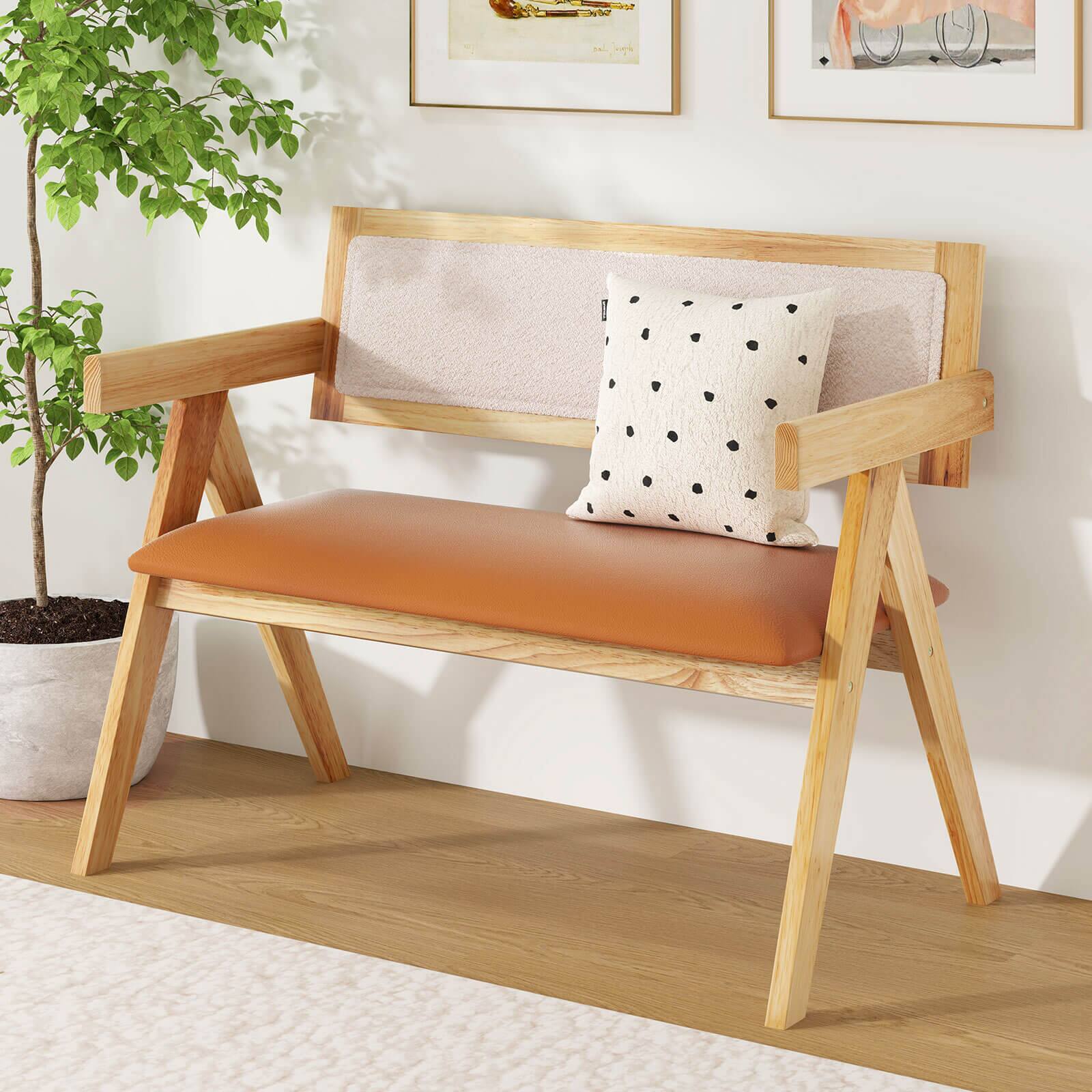 Left. Costway - Rubber Wood Dining Bench w/Armrest Sherpa Upholstered Backrest Soft-padded Seat - Natural + Beige + Orange.