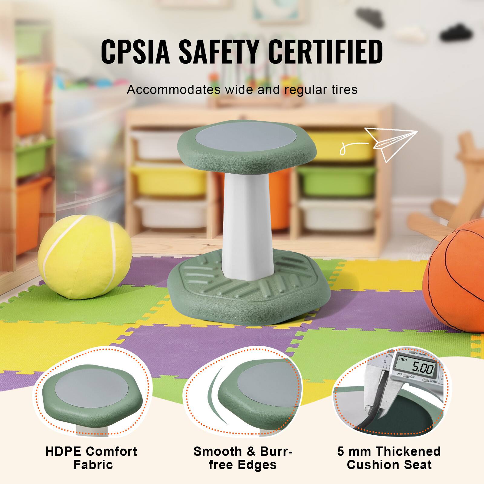 CPSIA SAFETY CERTIFIED  
Accommodates wide and regular tires  

- HDPE Comfort Fabric  
- Smooth & Burr-free Edges  
- 5 mm Thickened Cushion Seat
