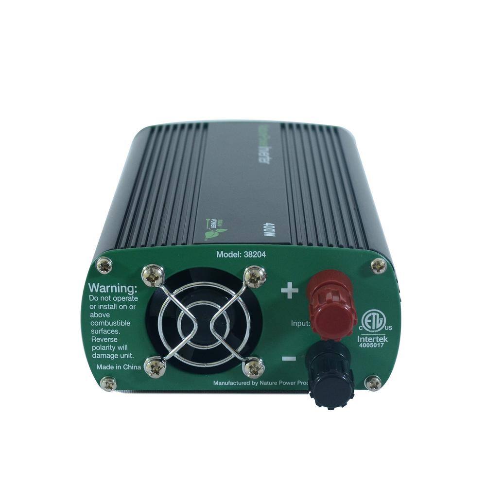 400W  
Model: 38204  
Warning: Do not operate or install on or above combustible surfaces. Reverse polarity will damage unit.  
Made in China  
Input: C ET US Intertek 4005017  
Manufactured by Nature Power Pro