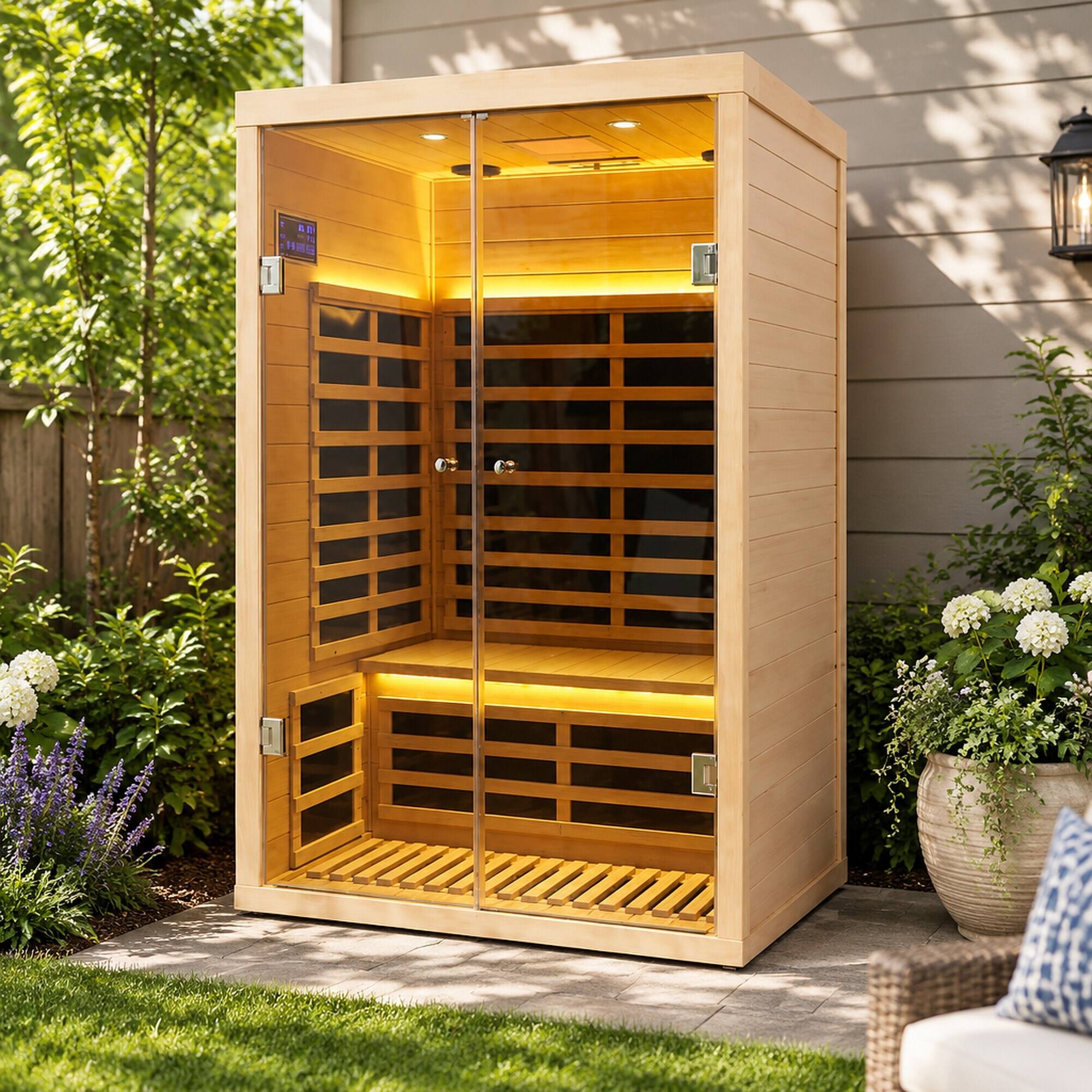 Alt View 2. RYHNUYNE - 2 Person Far Infrared Sauna, Hemlock Wood, Glass Double Doors, Low EMF, Indoor Home Spa - Natural Wood.