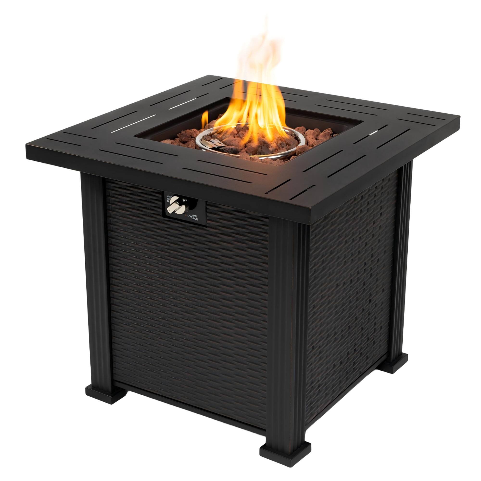 Front. Glintex - 28" Square Propane Fire Pit Table, 50,000 BTU Steel with Auto-Ignition for Patio, Deck, Garden, Backyard - Black.