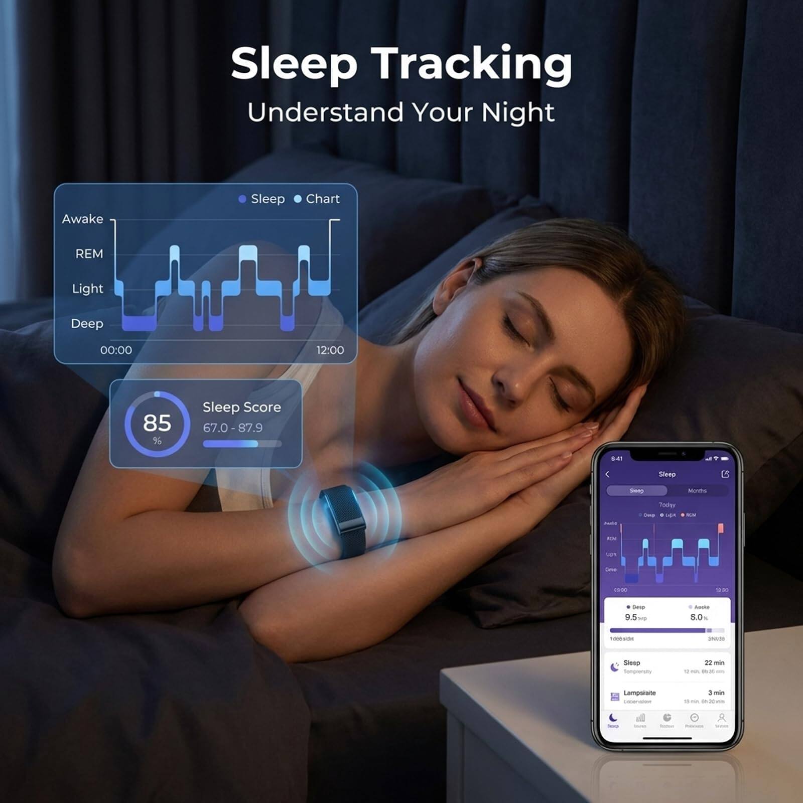 Sleep Tracking  
Understand Your Night  

Awake  
REM  
Light  
Deep  

00:00 12:00  

Sleep Score  
85%  
67.0 - 87.9  

8.81  

Sleep SAAS  
Mouma - ve - Lan - - Lere Saa T  
1000 dusp  
9.5% - Auste 5.0  

- Siesp - 232 - - - - - Lamporate - 1 - . - 2 - - I - -