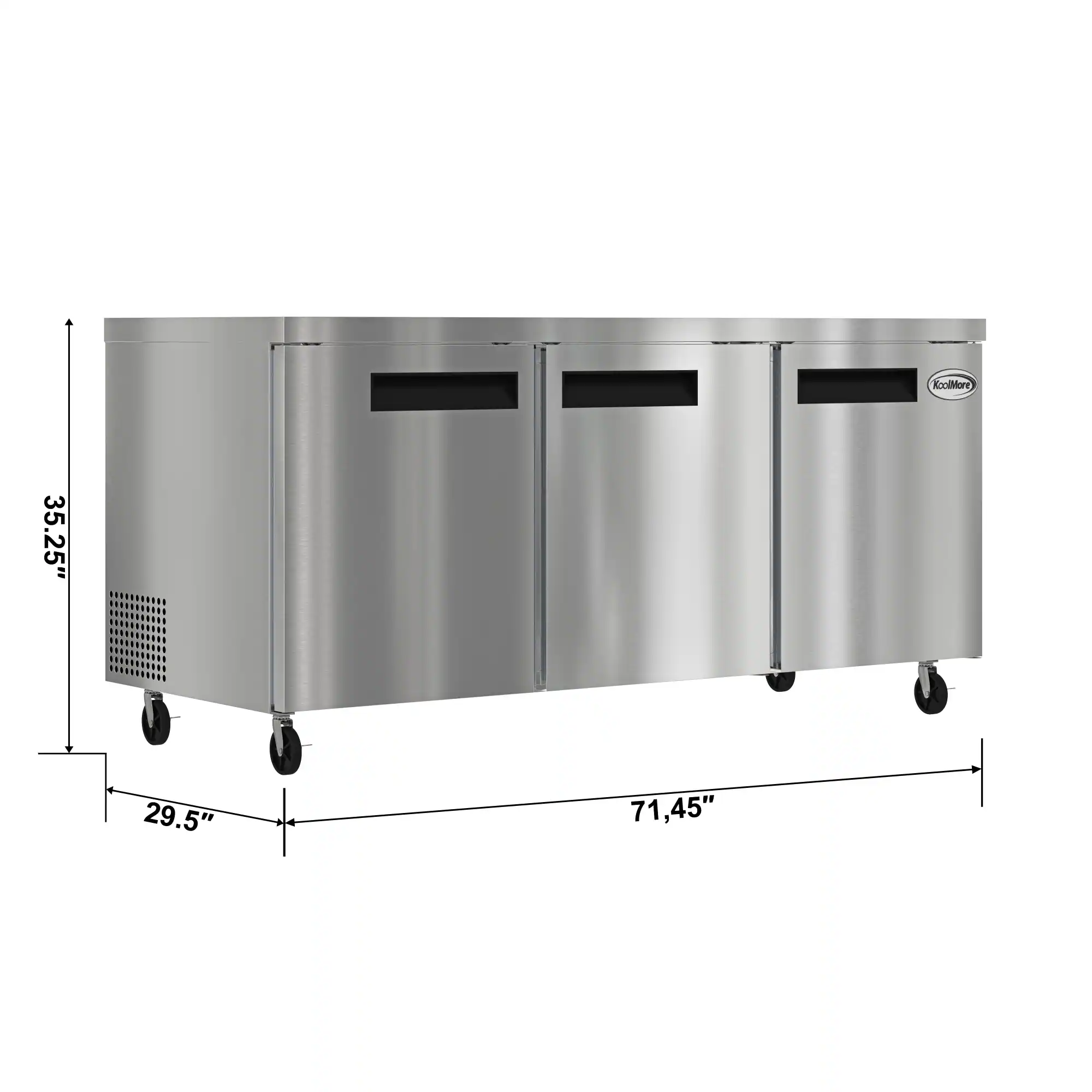 The image shows a KoolerMixer refrigerator with a stainless steel finish. It has a height of 71.45 inches and a width of 29.5 inches. The refrigerator is designed to be used in commercial settings, such as restaurants or bars.