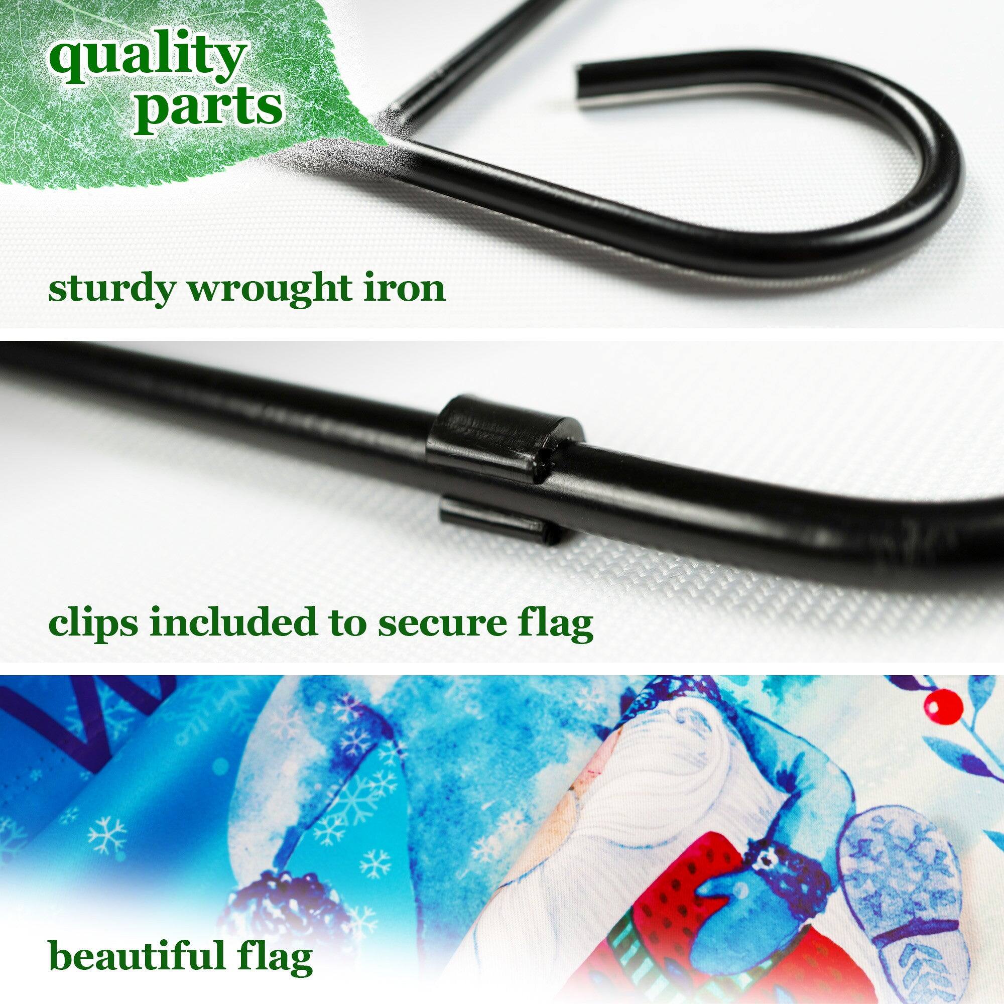 quality parts  
sturdy wrought iron  
clips included to secure flag  
beautiful flag