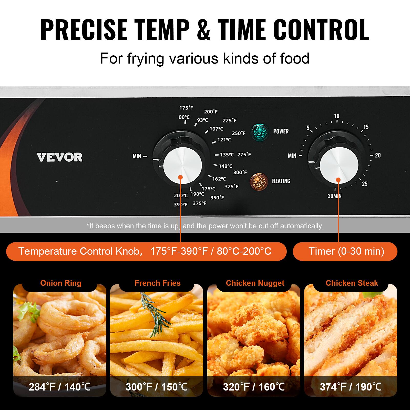 PRECISE TEMP & TIME CONTROL  
For frying various kinds of food

175F 200F 80C 93C 225F 107C 250F 121C  
5 10 15  
VEVOR  
135C 275F 148C 300F 162C 325F 350F 390F  
- 30MIN  
25 20  

*It beeps when the time is up, and the power won't be cut off automatically.  
Temperature Control Knob, 175F-390F 80C-200C  
Timer (0-30 min)  
Onion Ring  
French Fries  
Chicken Nugget  
Chicken Steak  
284F 140C  
300F 150C  
320F 160C  
374F 190C