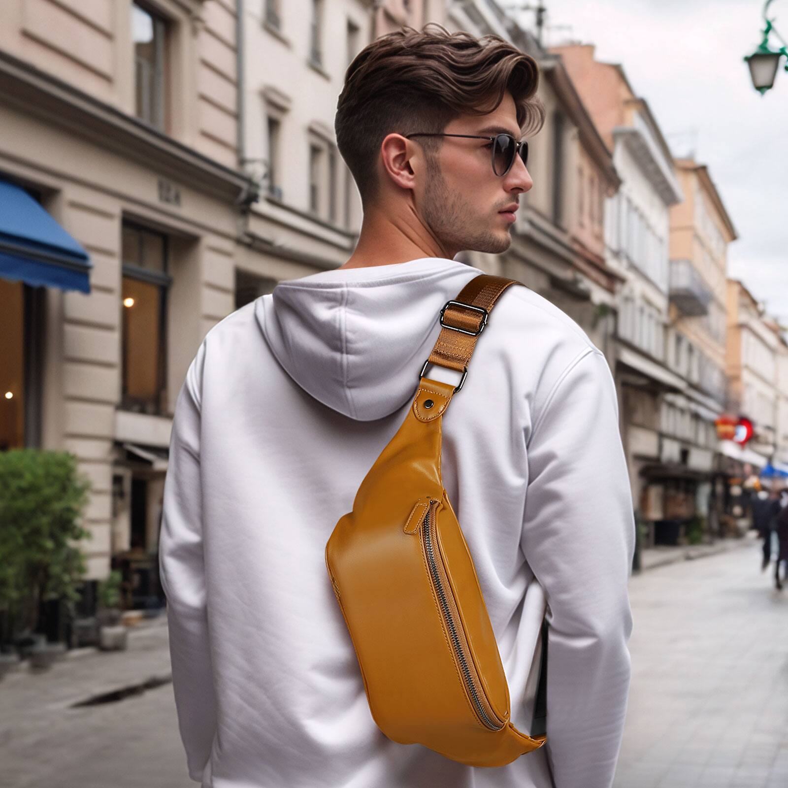 Alt View 1. Unique Bargains - Soft Faux Leather Fanny Pack Crossbody Waist Pack with Adjustable Strap Large Pocket Sturdy Zippers for Travel Hiking - Long Beige.