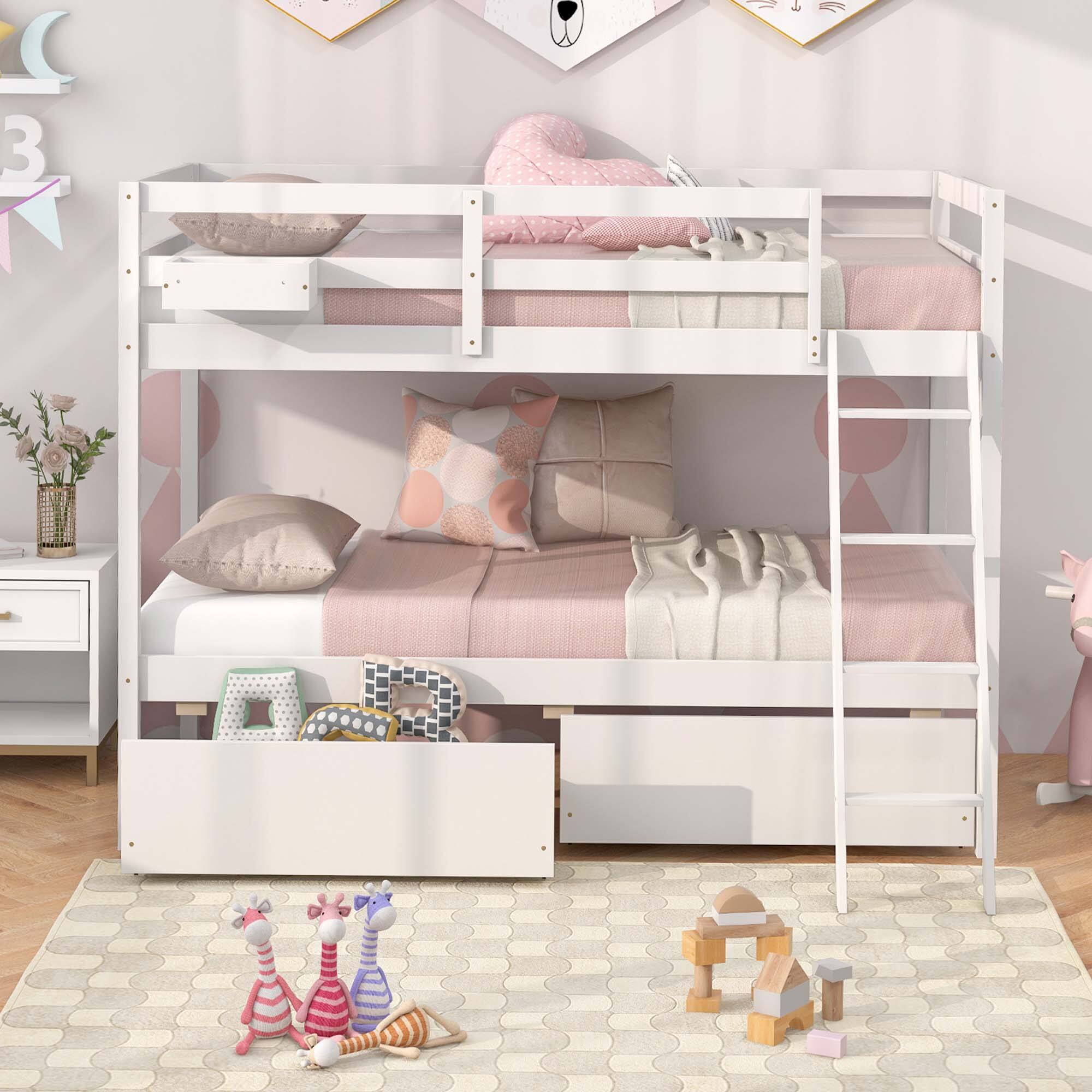 Alt View 1. Costway - Twin Over Twin Bunk Bed with 2 Storage Drawers Ladder No Box Spring Needed - White.