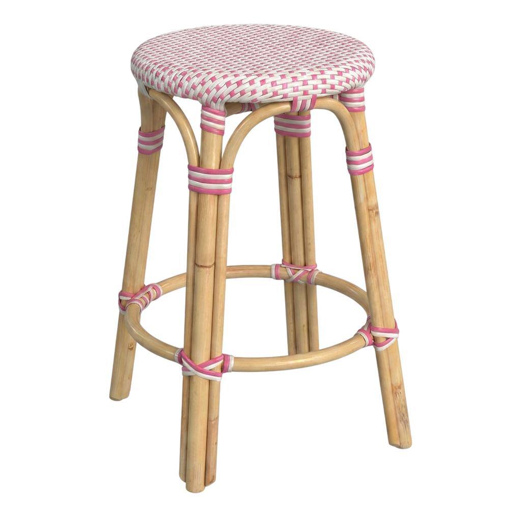 Butler Specialty - Tobias Rattan Round 24" Counter Stool - White And Pink Dot