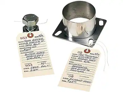 **953**
- Item: John Eyster
- Model: 31 Marina
- Article: Deck Bolt
- Price: $10.00
- Custom Make: Heavy Cut Washer
- Article: Deck Bolt
- Price: $10.00
**09**
- Item: Tom Johnson
- Model: 632 Lakis
- Article: Exhaust Port
- Price: $65.00
- Custom Make: Remachined to new specs