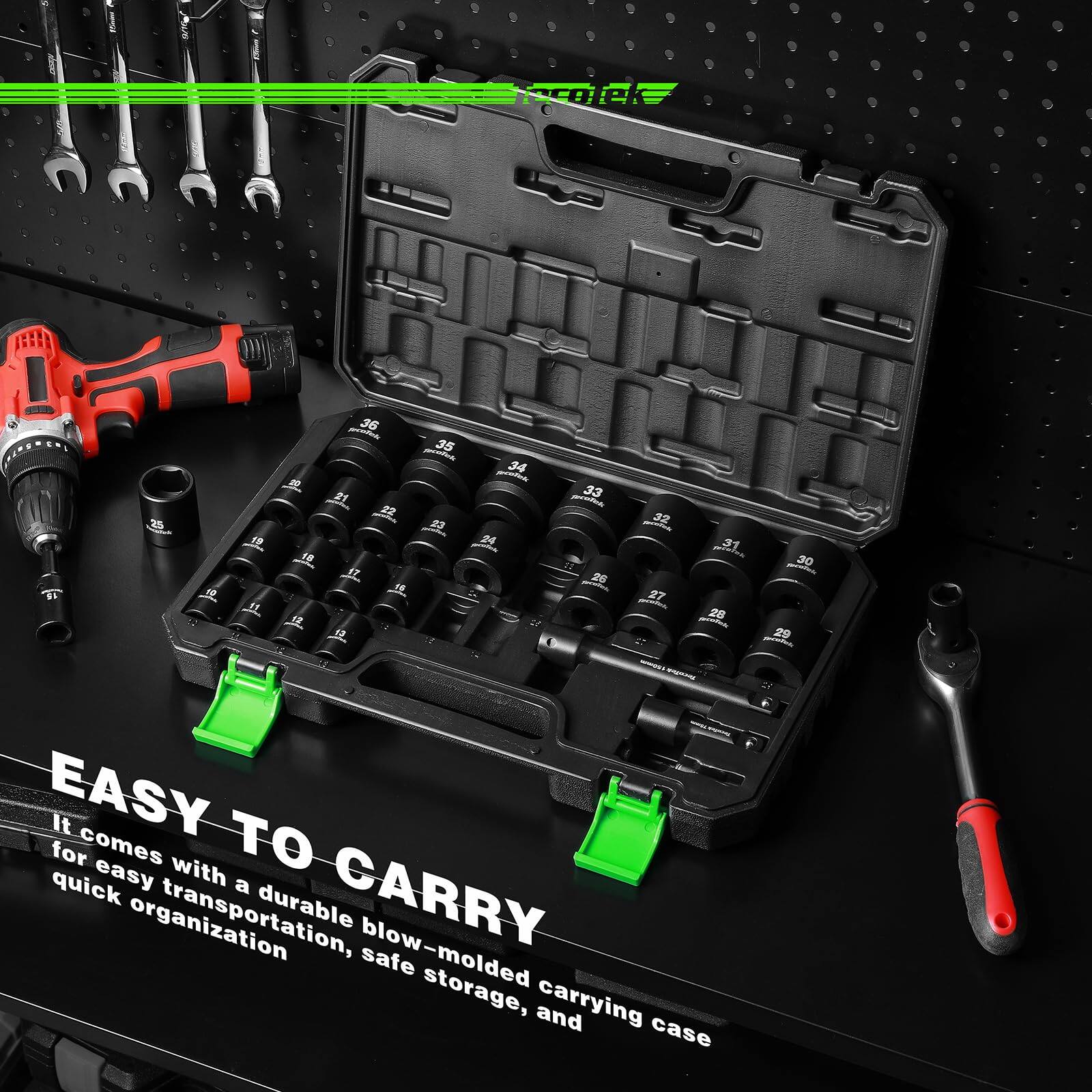 EASY TO CARRY  
It comes with a durable blow-molded carrying case for easy transportation, safe storage, and quick organization.