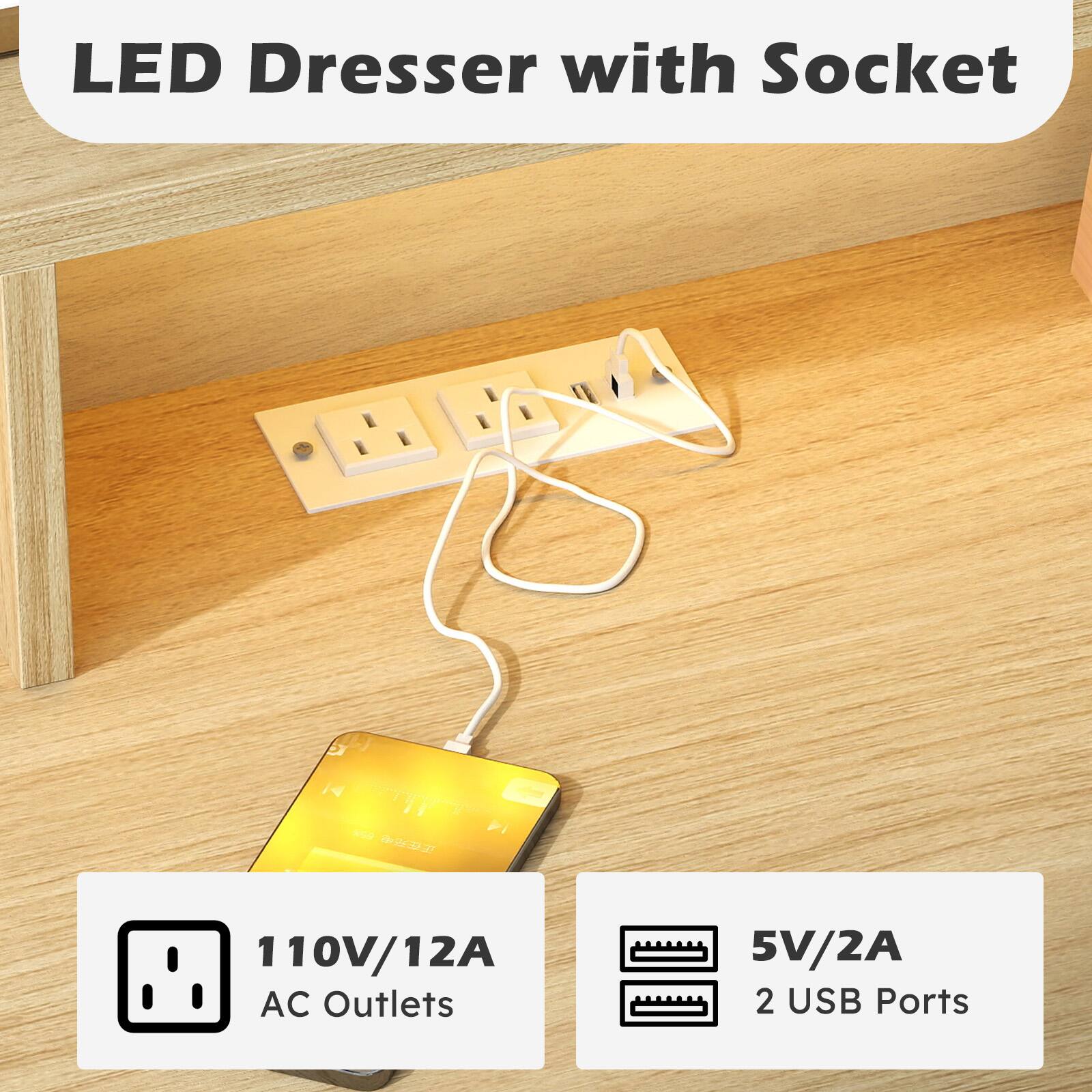 LED Dresser with Socket

- 110V/12A AC Outlets
- 5V/2A 2 USB Ports