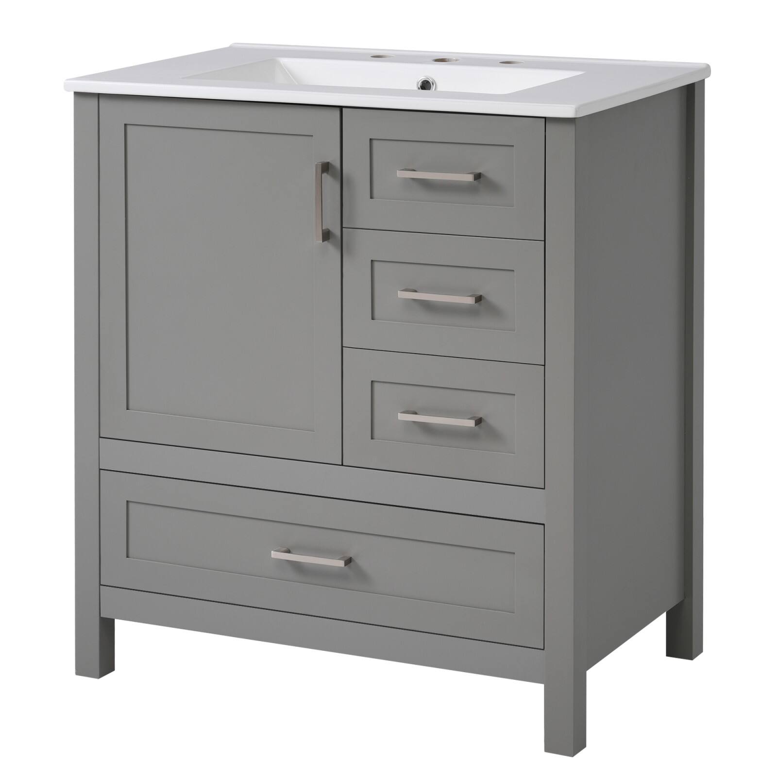 Front. Glintex - 30 Inch Modern Bathroom Vanity with Ceramic Sink, Drawer, Removable Tray, and Soft-Close Doors - Gray.