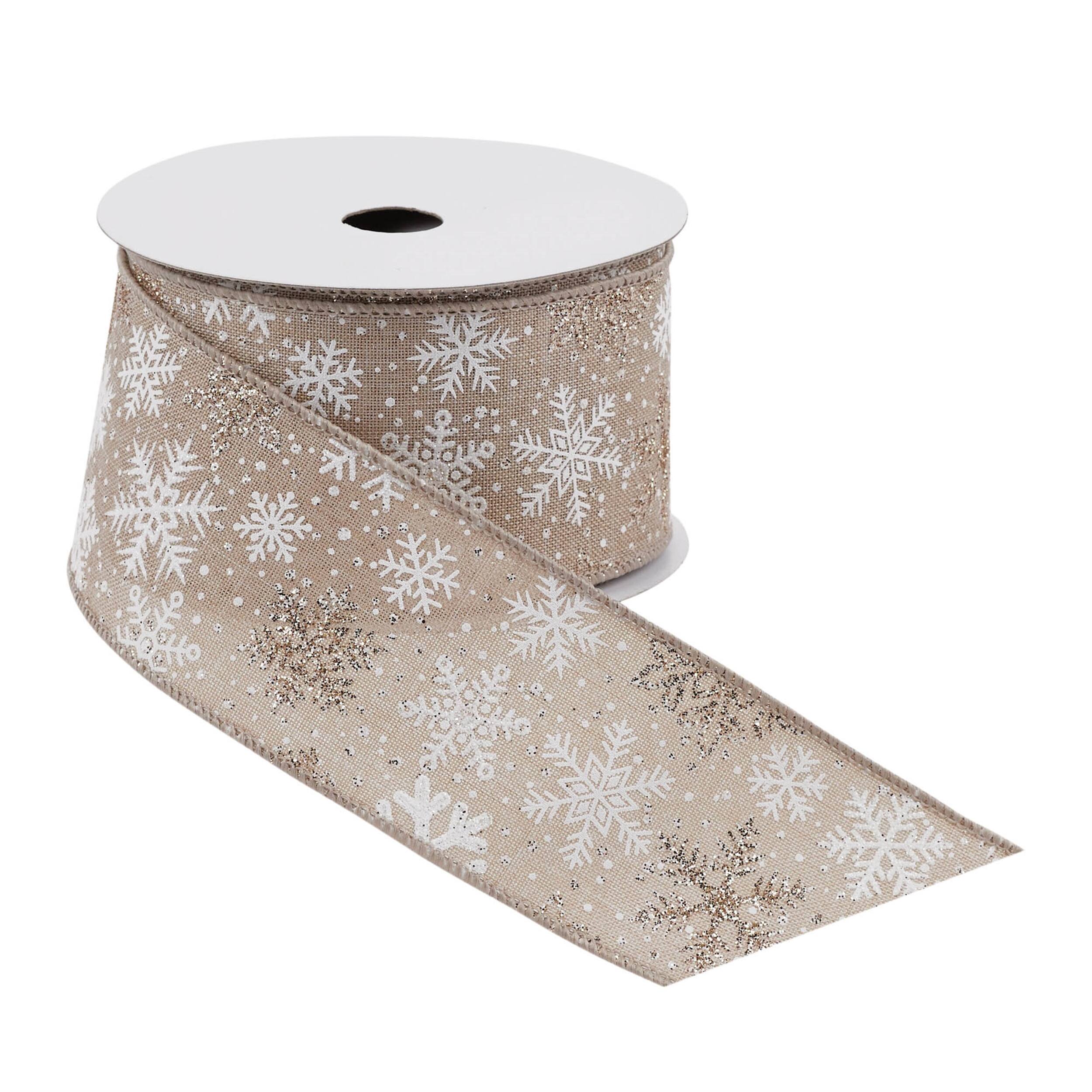 Angle. BreeBe - Snowflake Print Wired Ribbon 2.5" x 10 Yds. - Beige, White.