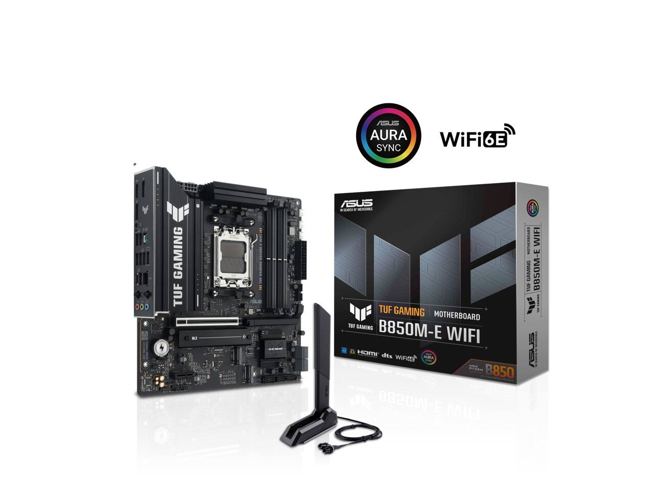 ASUS AURA SYNC WiFi 6E 000 GAMING TUF a ASUS  
NCRESBLL TUF GAMING MOTHERBOARD TUF GAMING B850M-E WIFI HDMI dts WIFICD AURA - HELIN  
ag 850 SN C-MO288 d MIEI  
HOTHERBOARD WIFI GAMING TUF B850M-E D I ASUS
