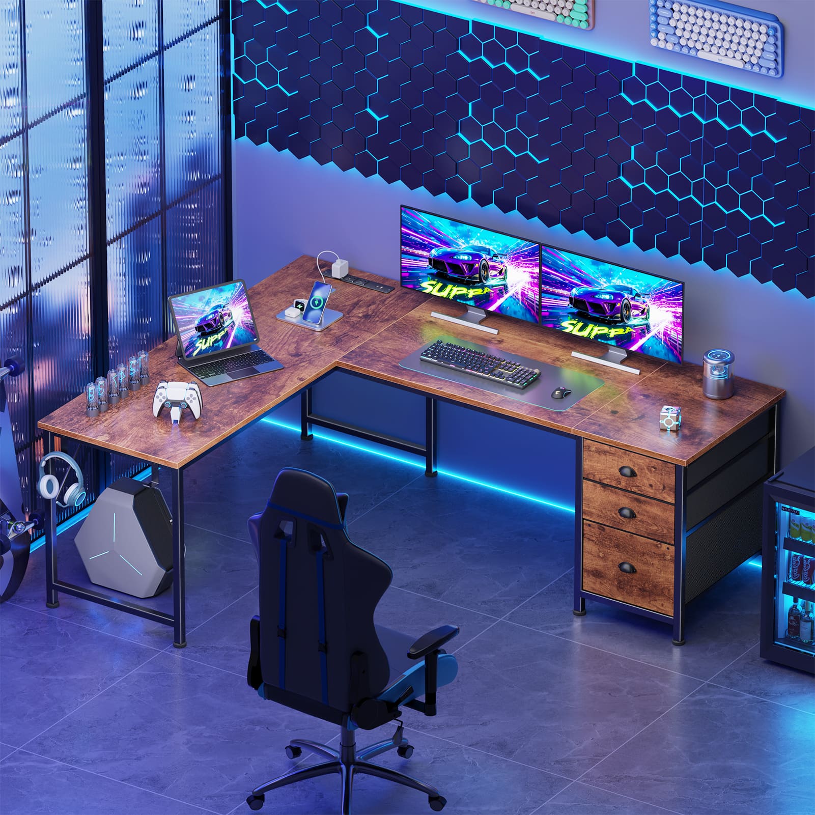 Furnulem - 63 In Gaming Desk with LED Lights Power Outlets Computer Desk with Drawers Printer Stand - Brown