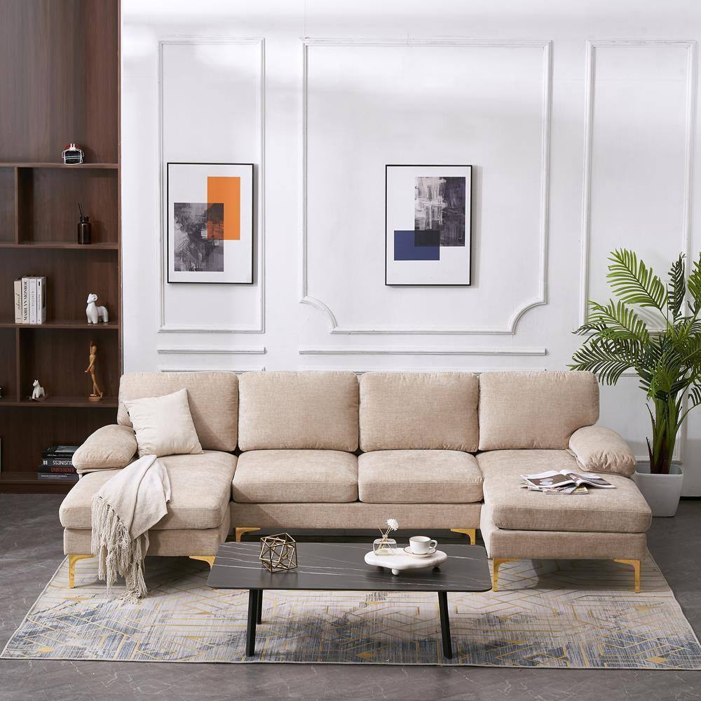Alt View 5. Winado - 4 Seater U Shape Sectional Sofa Set with Two Chaise Living Room Furniture Couch - Camel.