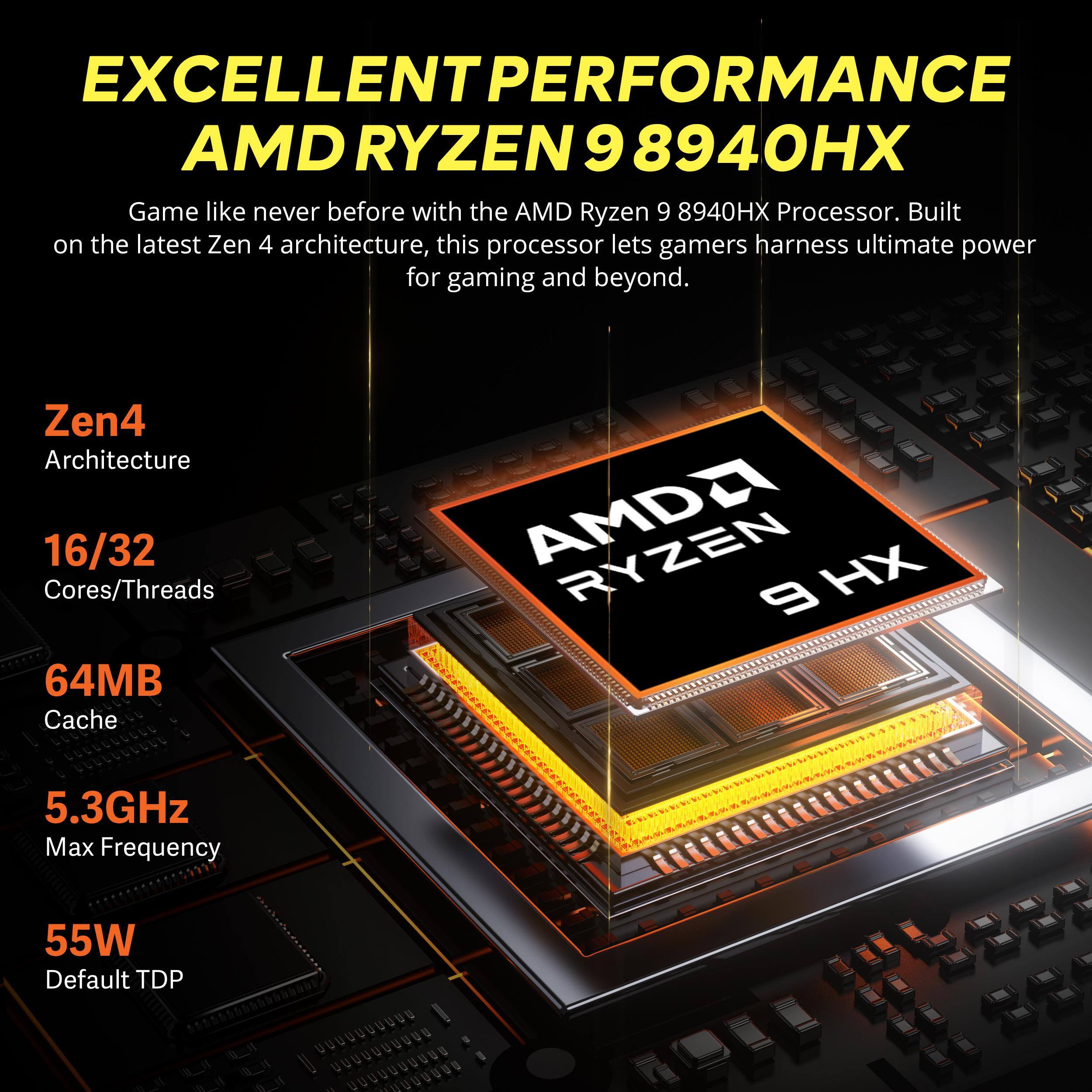 EXCELLENT PERFORMANCE  
AMD RYZEN 9 8940HX  

Game like never before with the AMD Ryzen 9 8940HX Processor. Built on the latest Zen 4 architecture, this processor lets gamers harness ultimate power for gaming and beyond.  

Zen4 Architecture  
16/32 Cores/Threads  
64MB Cache  
5.3GHz Max Frequency  
55W Default TDP