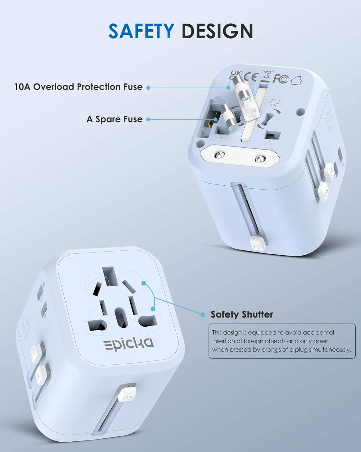 The image features a safety design with a 10A overload protection fuse. The fuse is designed to protect against overloading and features a spare fuse for easy replacement. The safety shutter is equipped with a mechanism that prevents accidental insertion of foreign objects and only opens when pressed by the prongs of a plug simultaneously. This design is intended to ensure safety and prevent accidents.