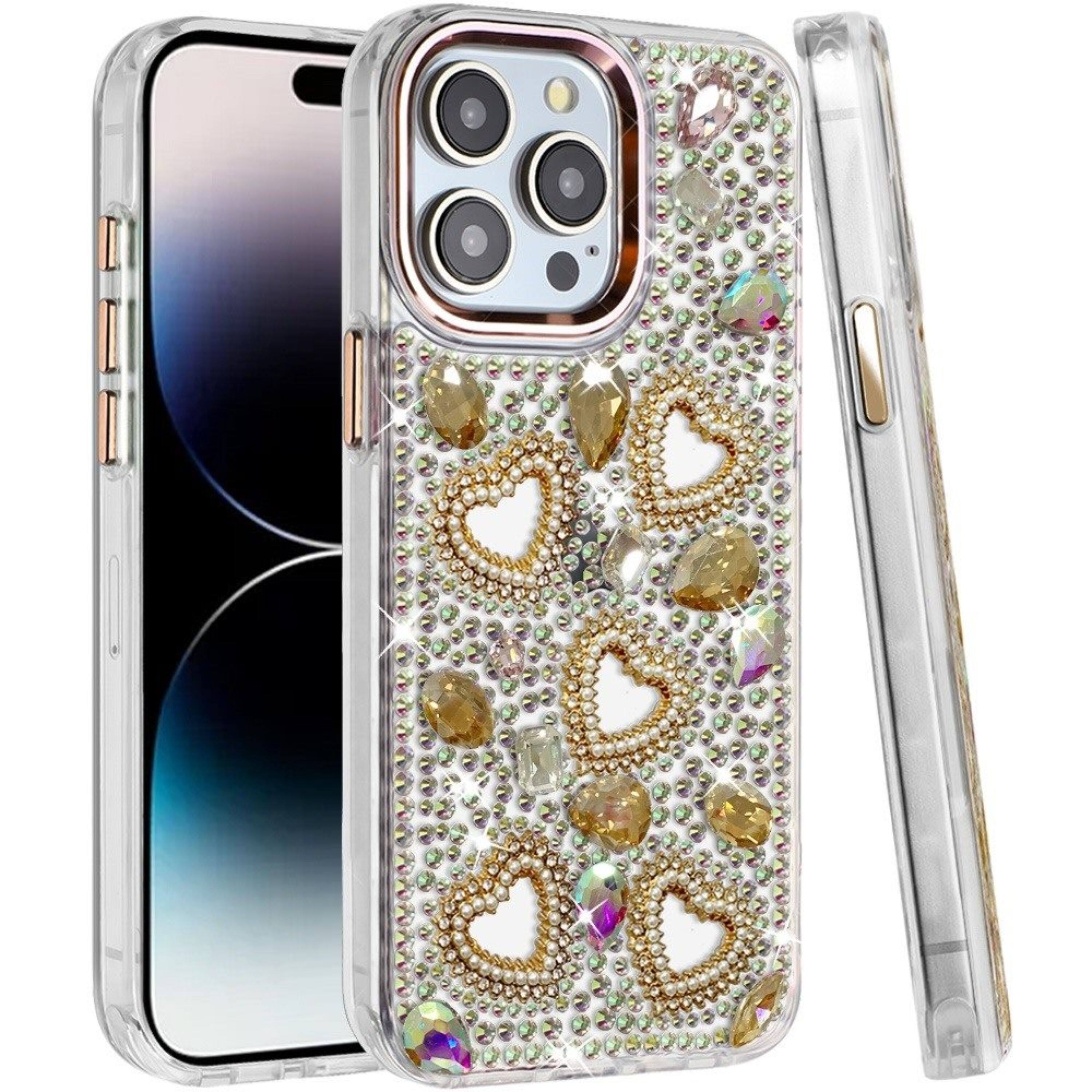 Angle. Kitcheniva - Full Bling Hearts And 3D Jewel Ornaments Case For iPhone 14 Pro Max Gold - Gold.