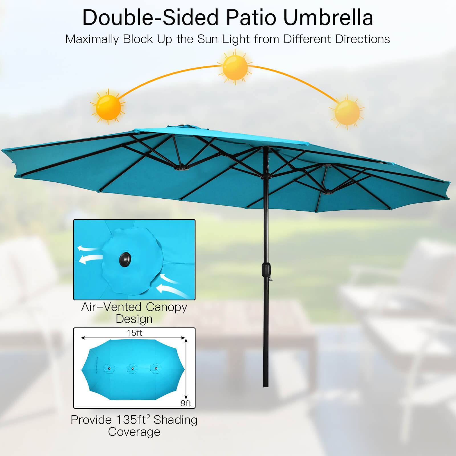 Double-Sided Patio Umbrella  
Maximally Block Up the Sun Light from Different Directions  
Air-Vented Canopy Design  
15ft x 9ft  
Provide 135ft² Shading Coverage