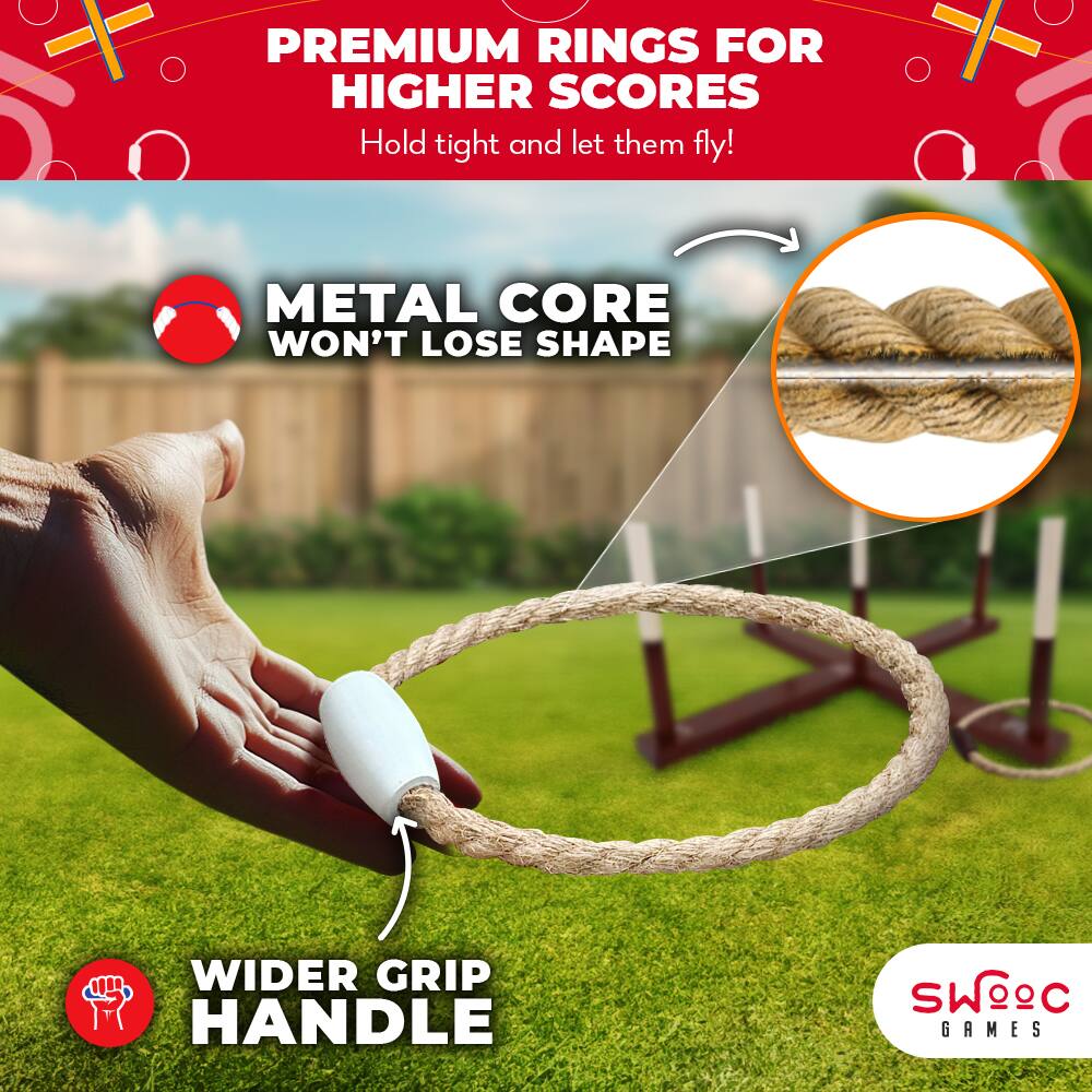 PREMIUM RINGS FOR HIGHER SCORES  
Hold tight and let them fly!  

METAL CORE WON'T LOSE SHAPE  

WIDER GRIP HANDLE  

SWC GAMES
